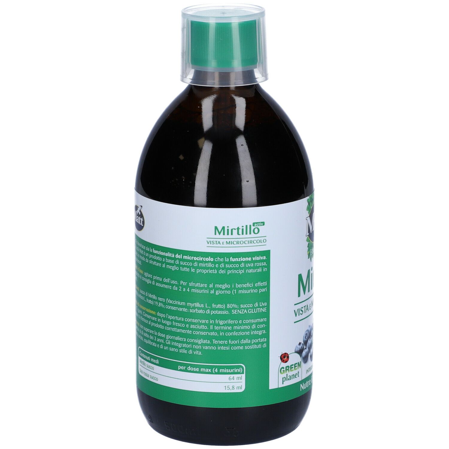 Bottiglia marrone con tappo verde. Etichetta con informazioni sul prodotto e ingredienti. Marchio: Matt.