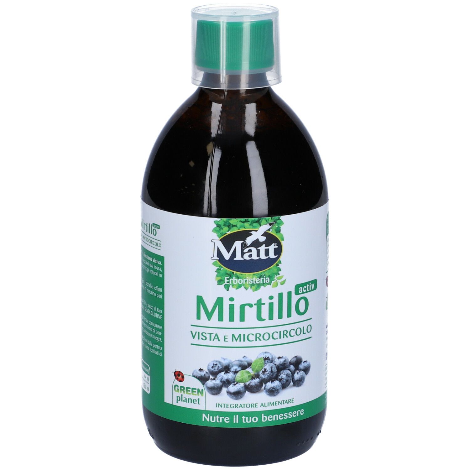 Bottiglia marrone con tappo verde. Etichetta con nome del prodotto e illustrazione di mirtilli. Marchio: Matt.