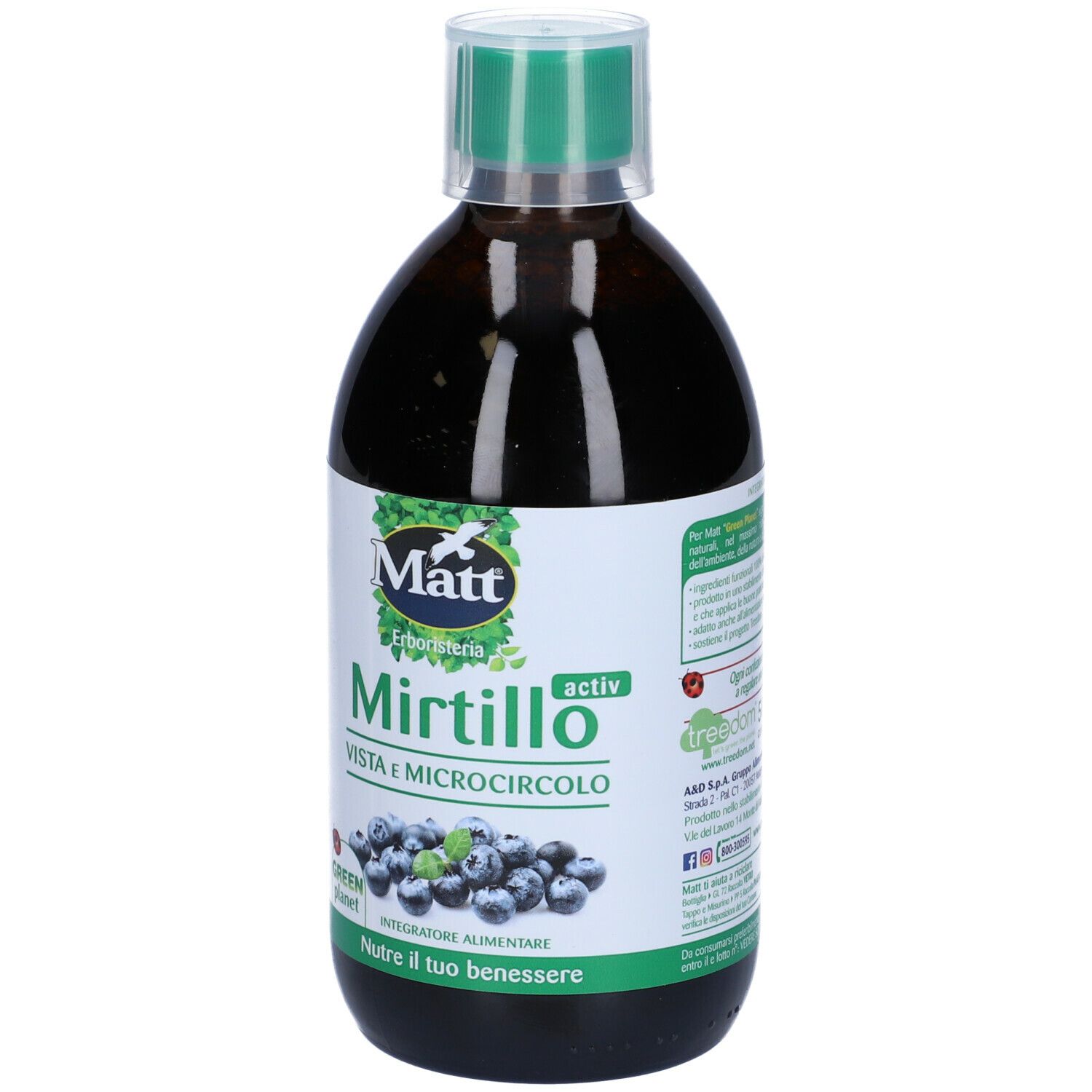 Bottiglia marrone con tappo verde. Etichetta con nome del prodotto e illustrazione di mirtilli. Marchio: Matt.