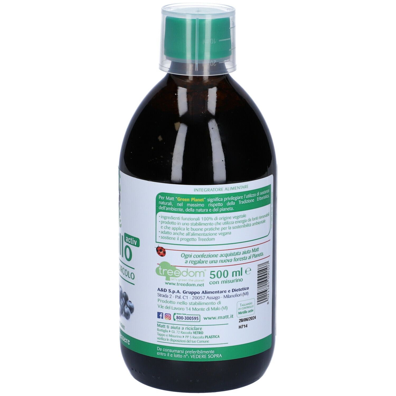 Bottiglia marrone con tappo verde. Etichetta con informazioni sul prodotto, marchio: Matt, e volume: 500 ml.