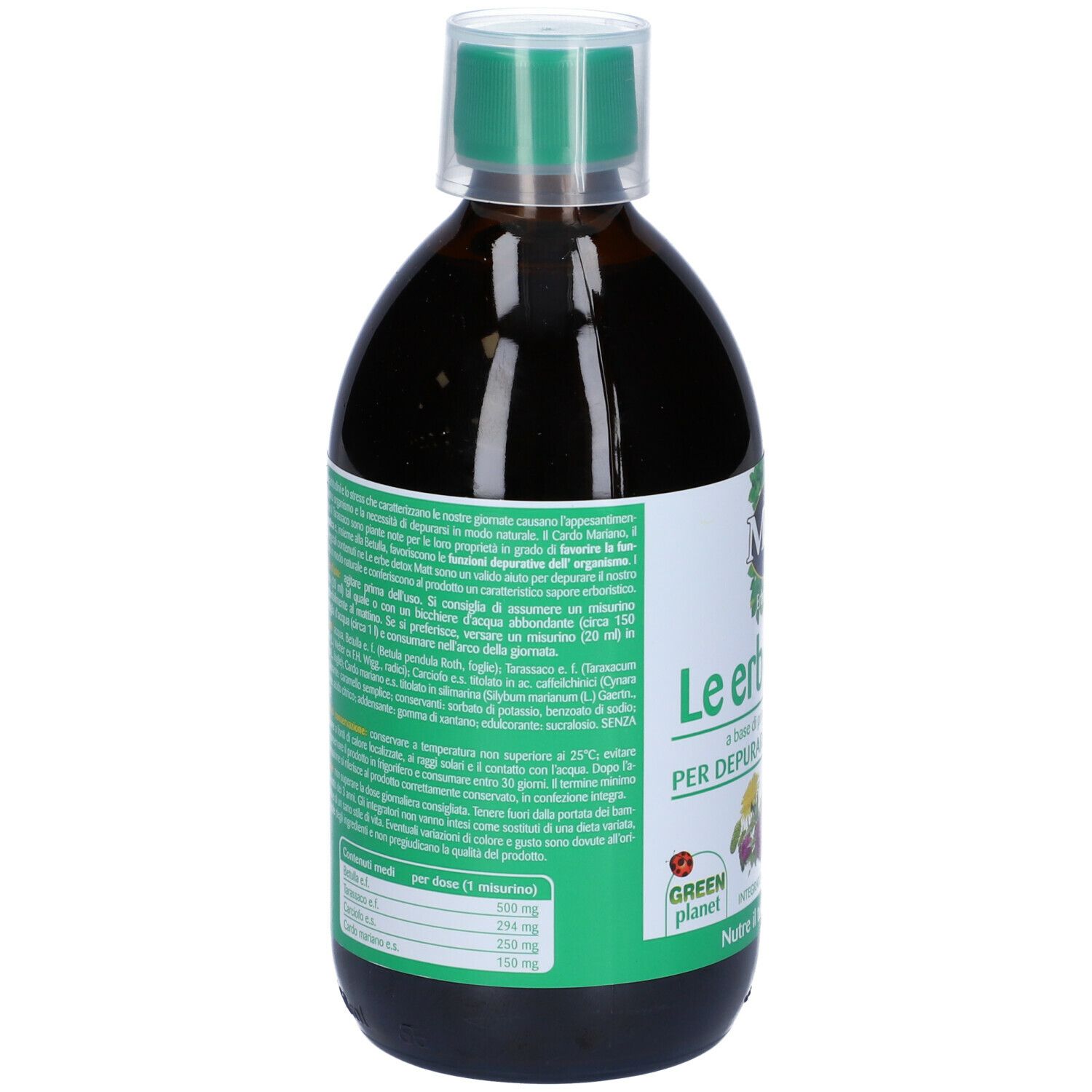 Bottiglia di liquido marrone. L'etichetta contiene informazioni e ingredienti in italiano.