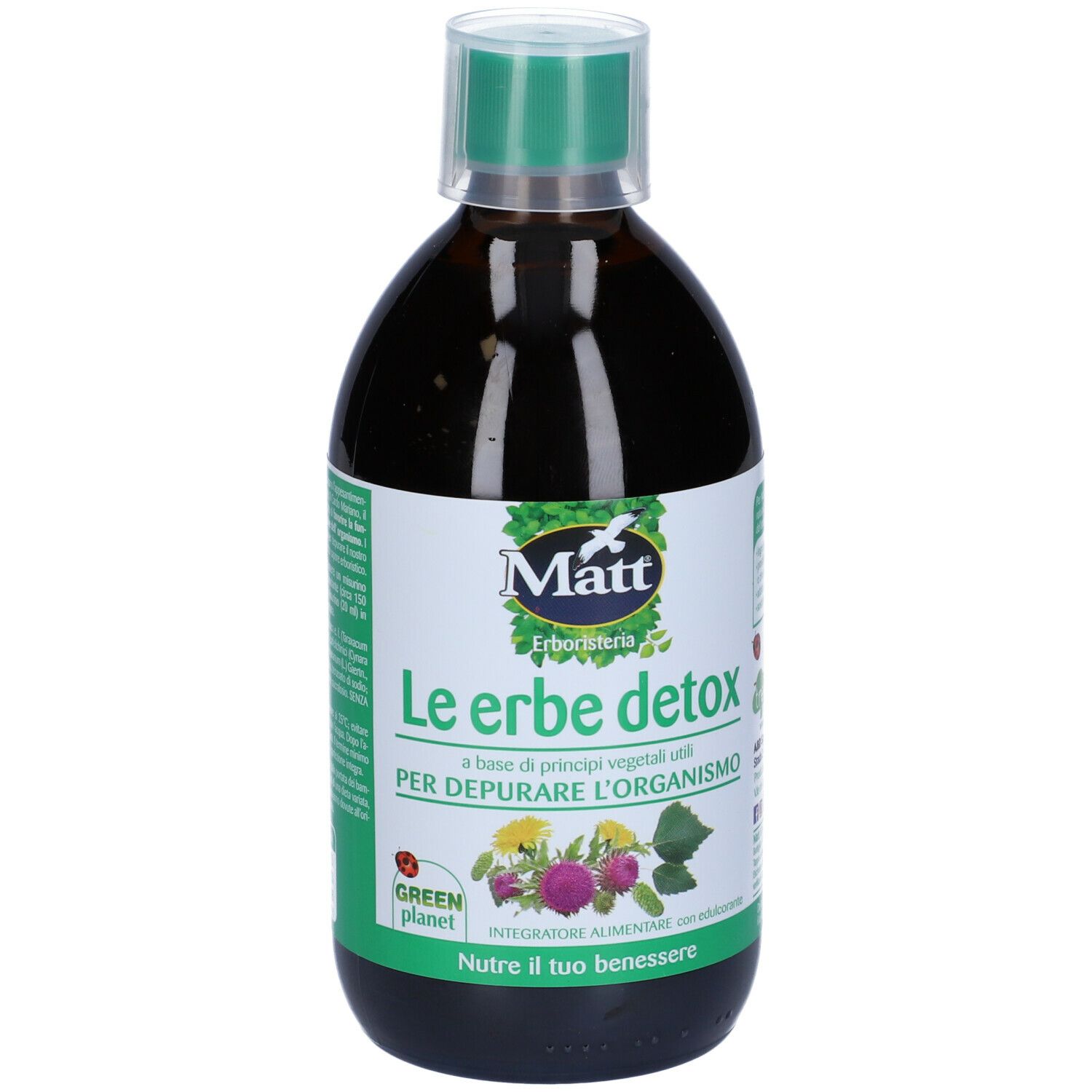 Liquido marrone in bottiglia con tappo verde. L'etichetta riporta "Matt Erboristeria Le erbe detox".