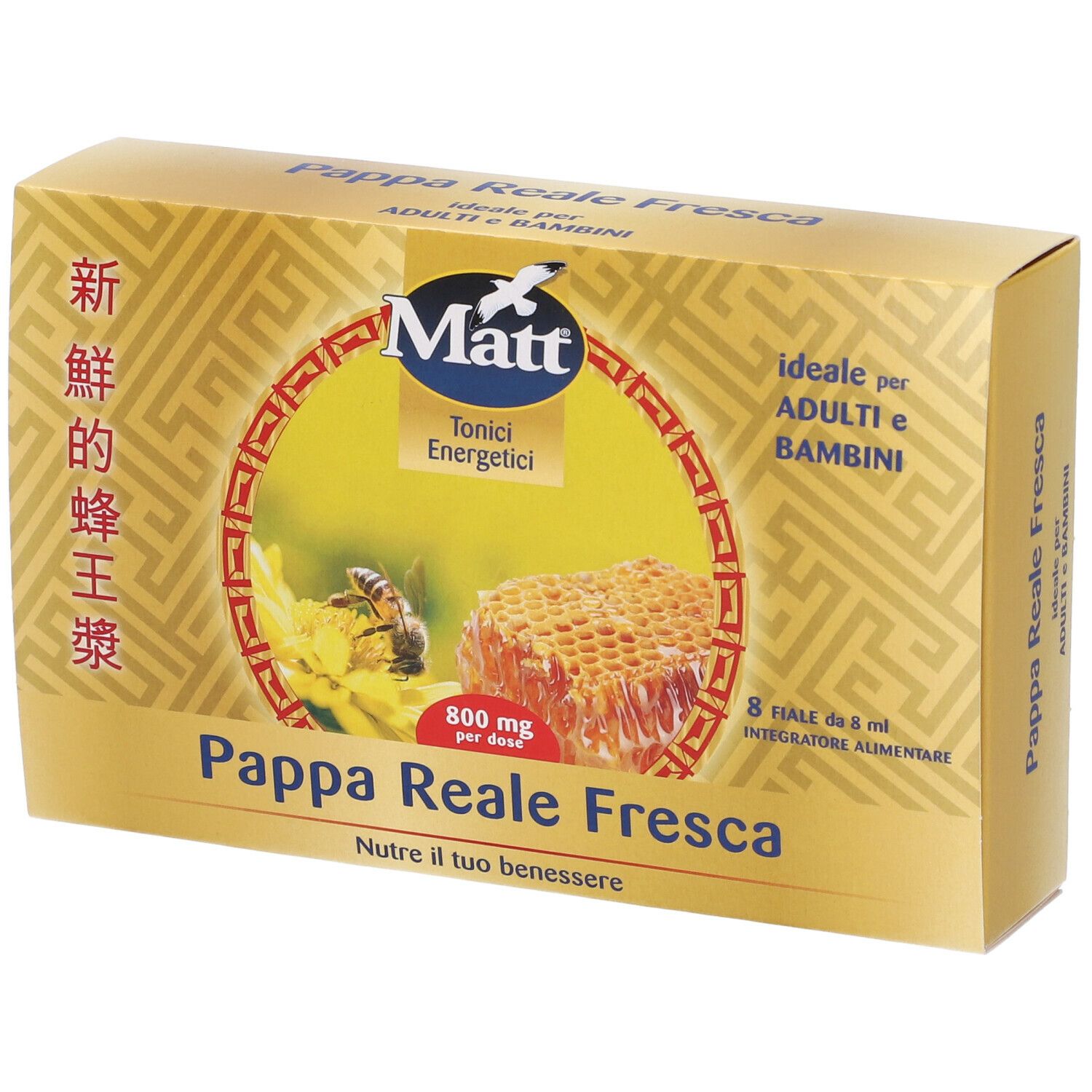 Scatola gialla con stampa del prodotto. Scritto: Pappa Reale Fresca, Matt, 800 mg. Immagine di api e favo.