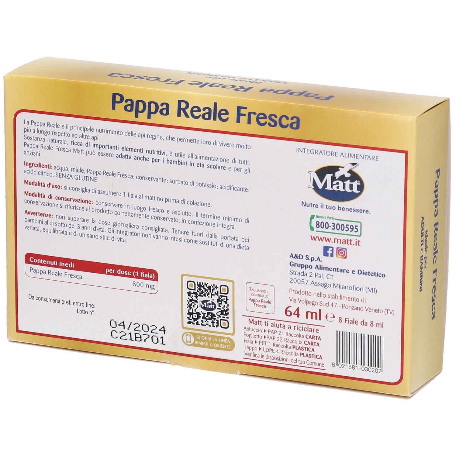 Scatola gialla con informazioni sul prodotto. Scritto: Pappa Reale Fresca, Matt. Contiene informazioni e codice QR.