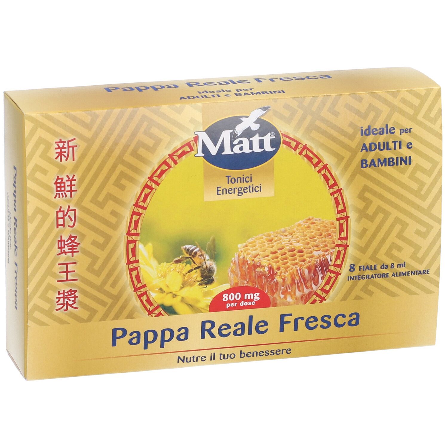 Scatola gialla con stampa del prodotto. Scritto: Pappa Reale Fresca, Matt, 800 mg. Immagine di api e favo.