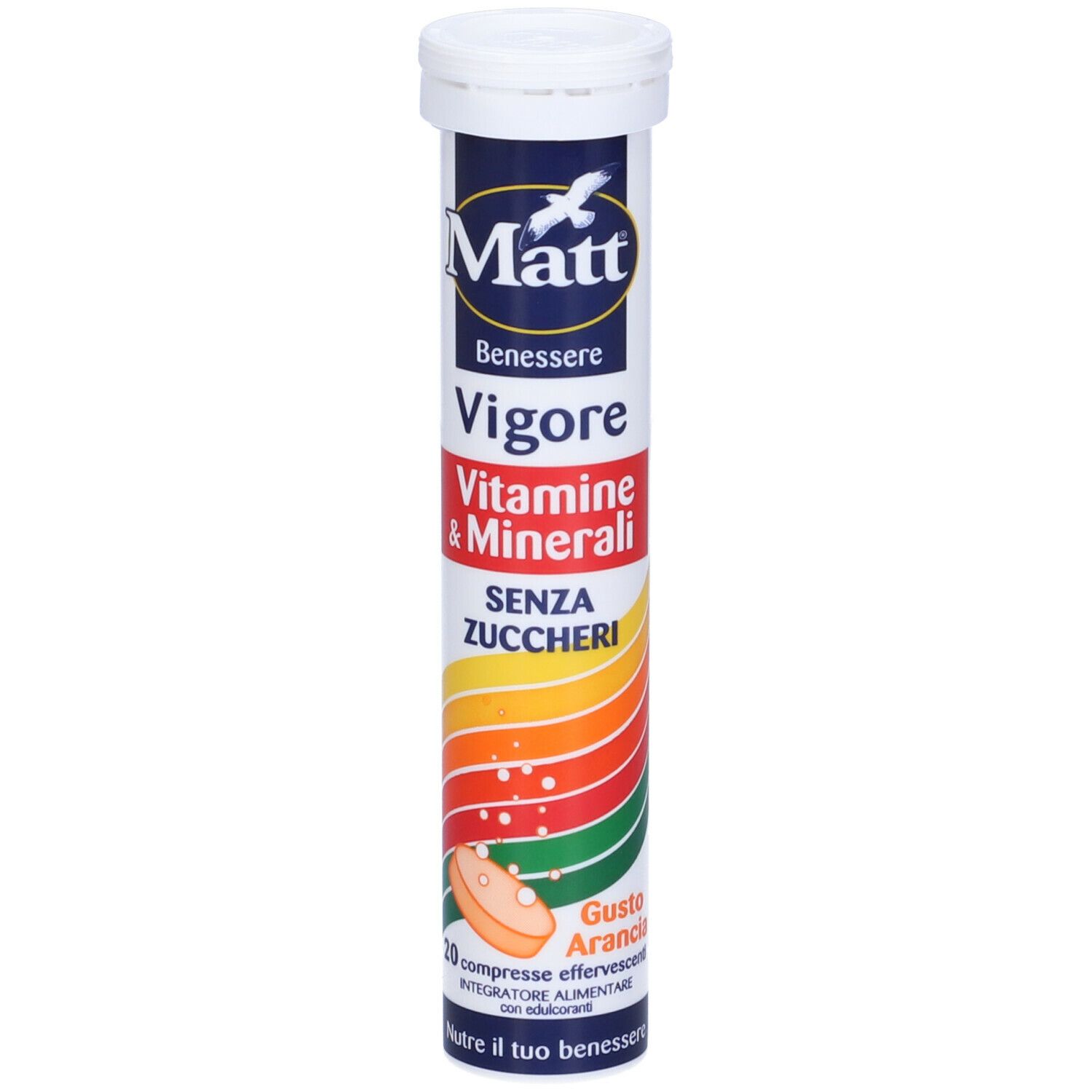 Tubo cilindrico di compresse "Matt Benessere Vigore". Contiene 20 compresse effervescenti senza zucchero, gusto arancia.