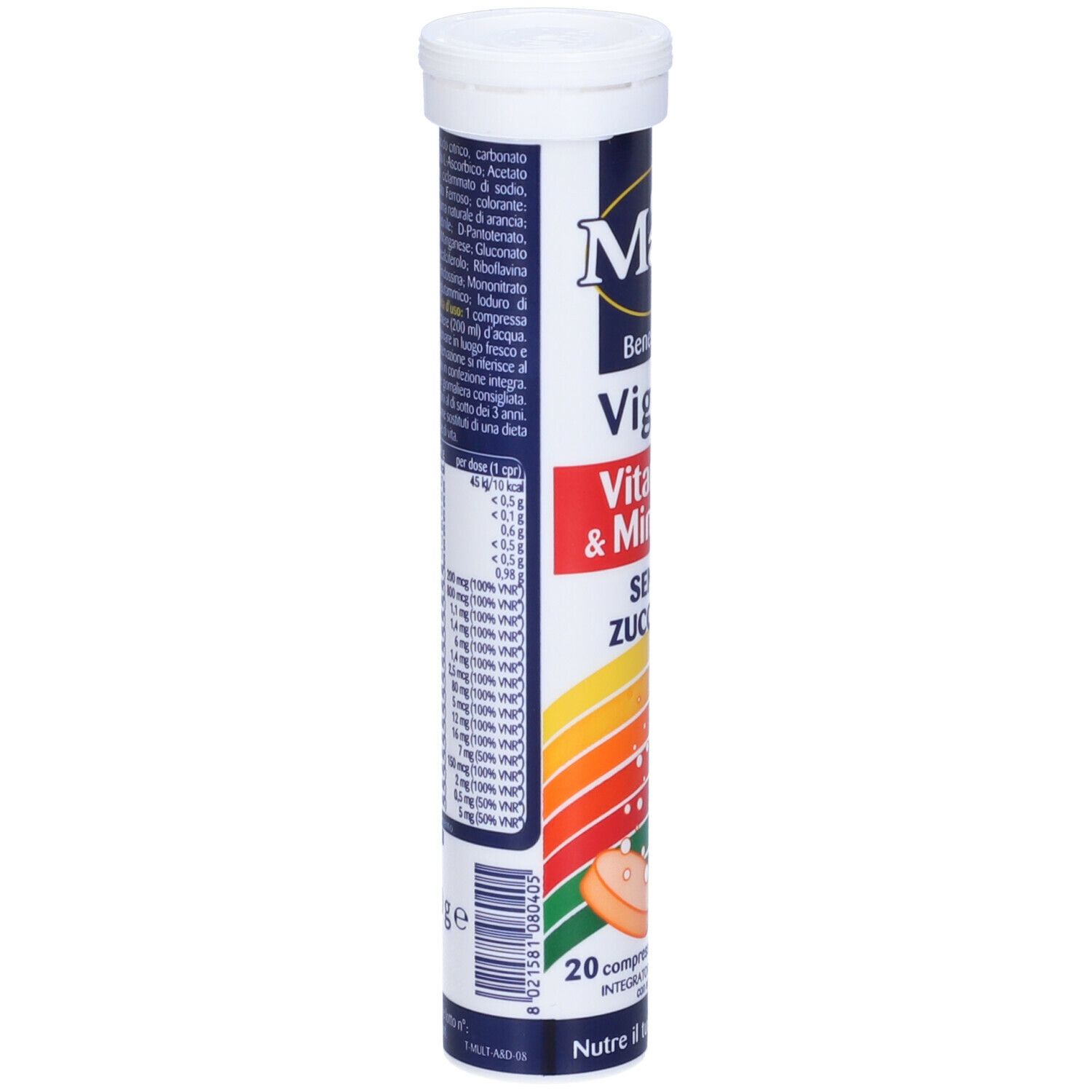 Retro del tubo con ingredienti e informazioni nutrizionali. Contiene compresse "Matt Benessere Vigore".