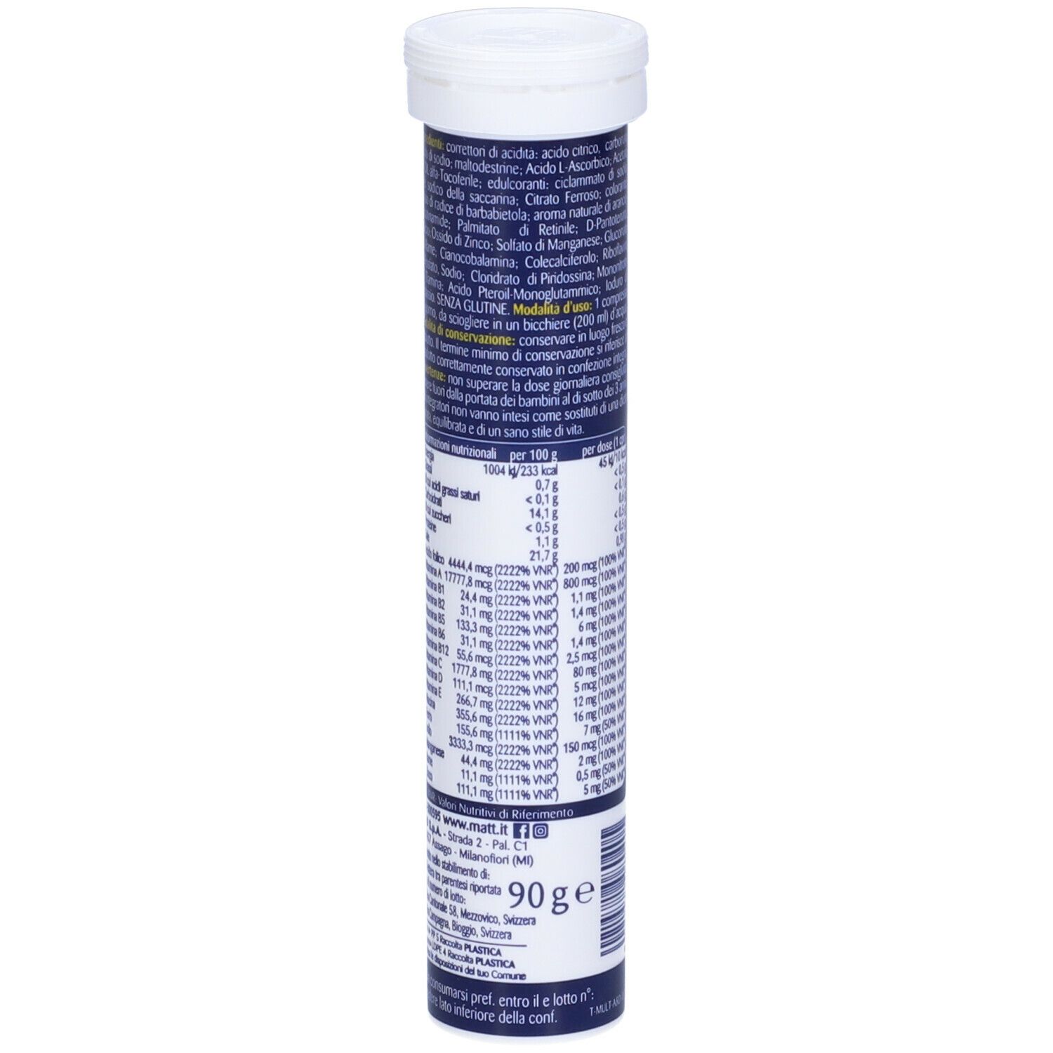 Retro del tubo con ingredienti e informazioni nutrizionali. Contiene compresse "Matt Benessere Vigore".