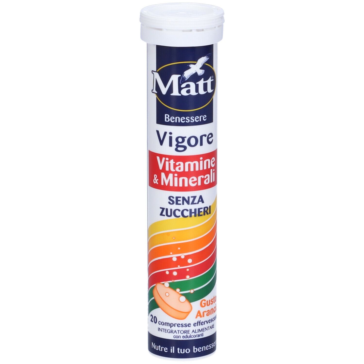 Tubo cilindrico di compresse "Matt Benessere Vigore". Contiene 20 compresse effervescenti senza zucchero, gusto arancia.