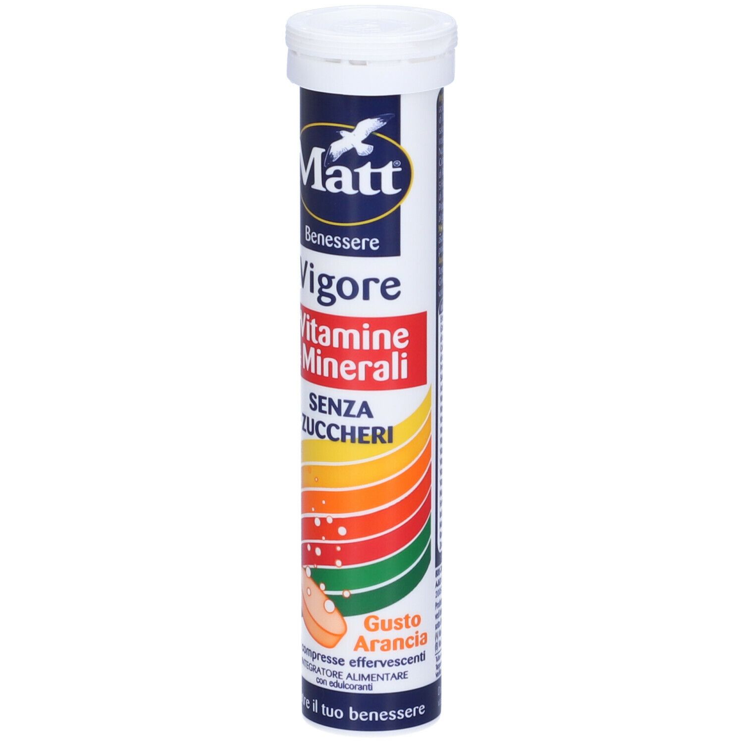 Tubo cilindrico di compresse "Matt Benessere Vigore". Contiene 20 compresse effervescenti senza zucchero, gusto arancia.