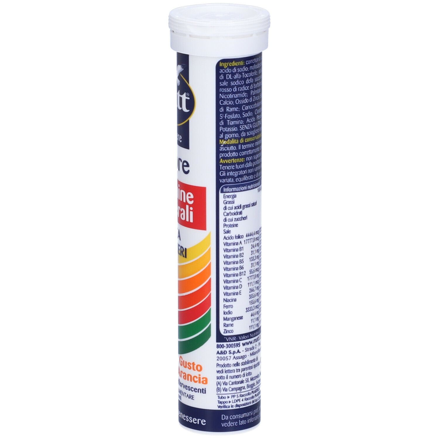 Retro del tubo con ingredienti e informazioni nutrizionali. Contiene compresse "Matt Benessere Vigore".