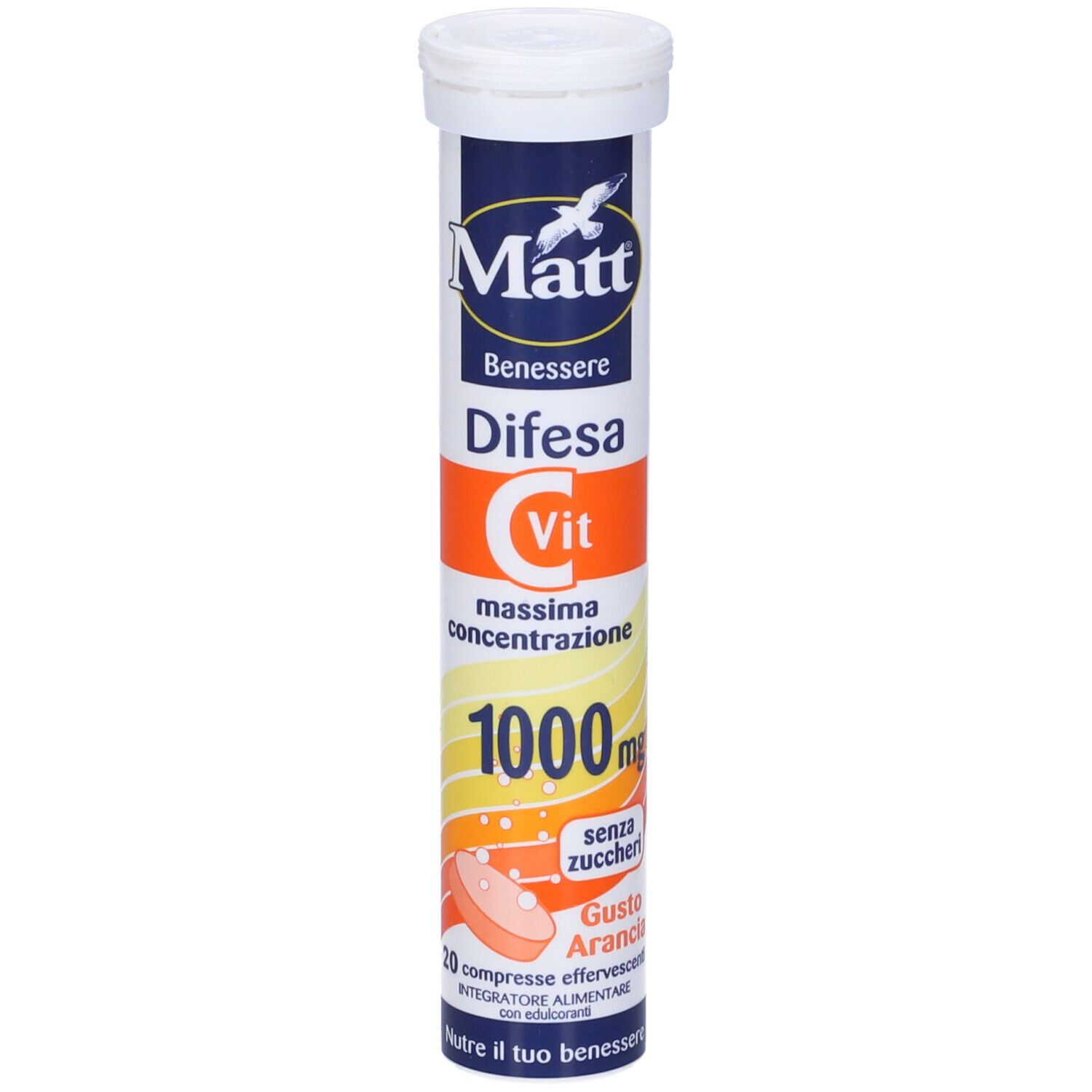 Confezione cilindrica con tappo bianco. Scritta: Matt, Difesa C Vit, 1000mg, senza zucchero, 20 compresse effervescenti.