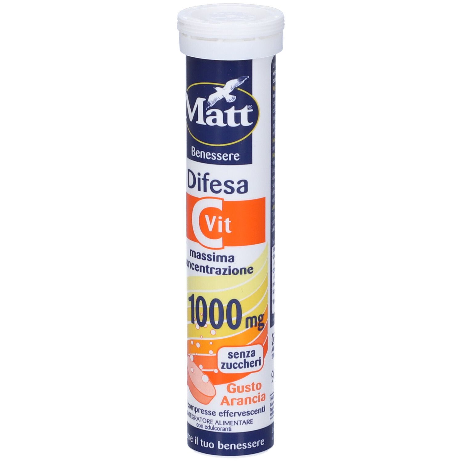 Confezione cilindrica con tappo bianco. Scritta: Matt, Difesa C Vit, 1000mg, senza zucchero, 20 compresse effervescenti.
