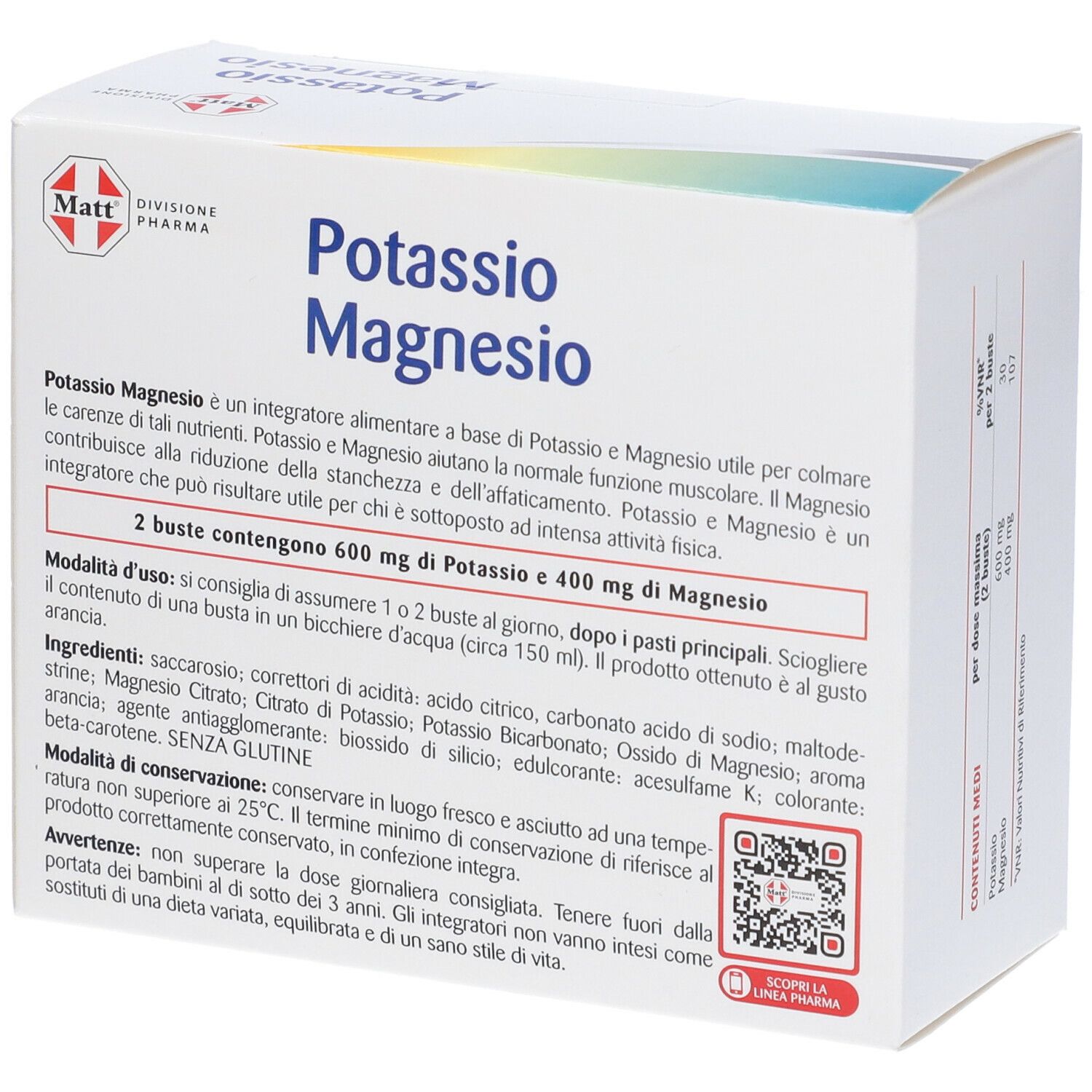 Scatola di MATT Potassio e Magnesio Granulare Effervescente Gusto Arancia. Informazioni e ingredienti del prodotto.
