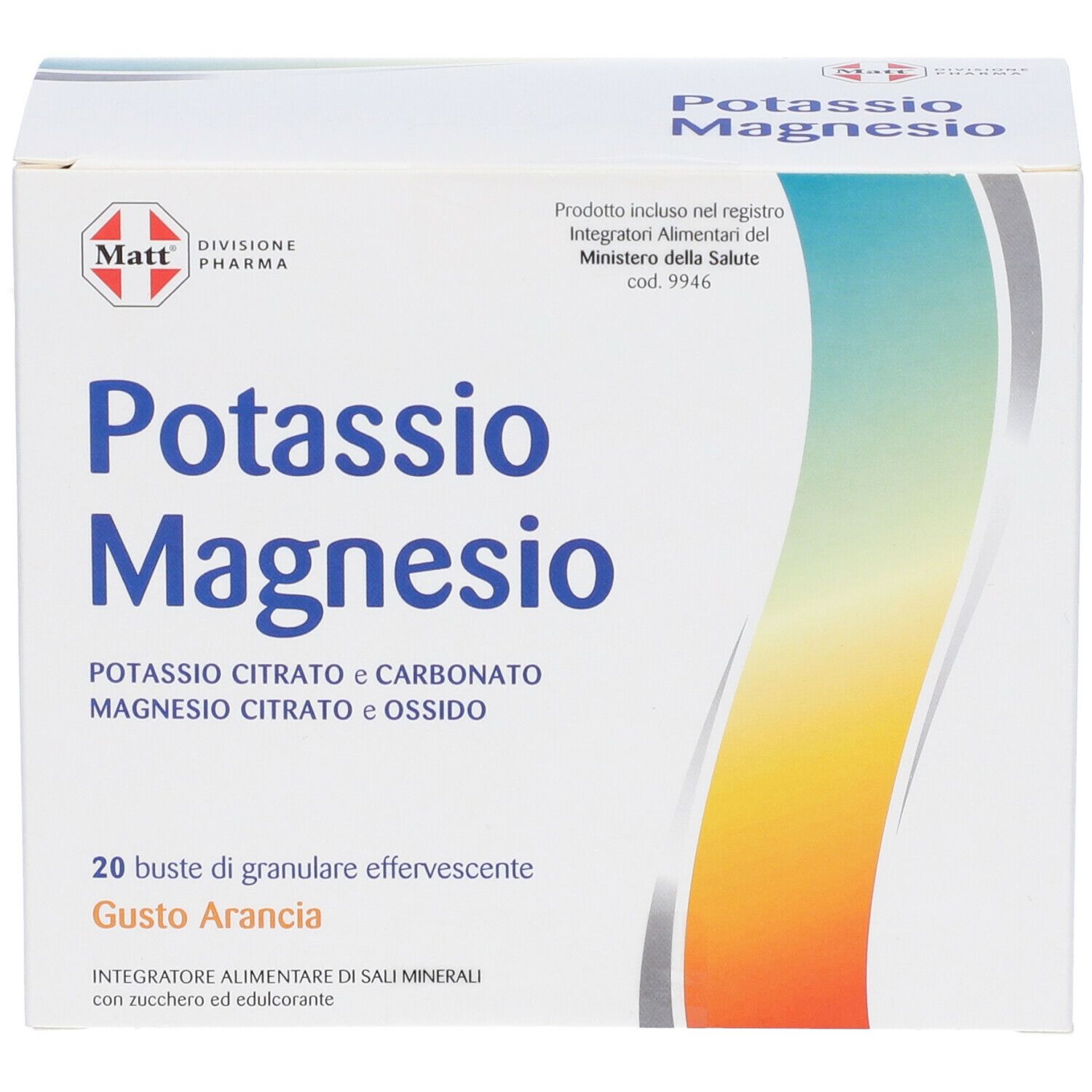 Scatola di MATT Potassio e Magnesio Granulare Effervescente Gusto Arancia. Scatola bianca con nome e ingredienti del prodotto.