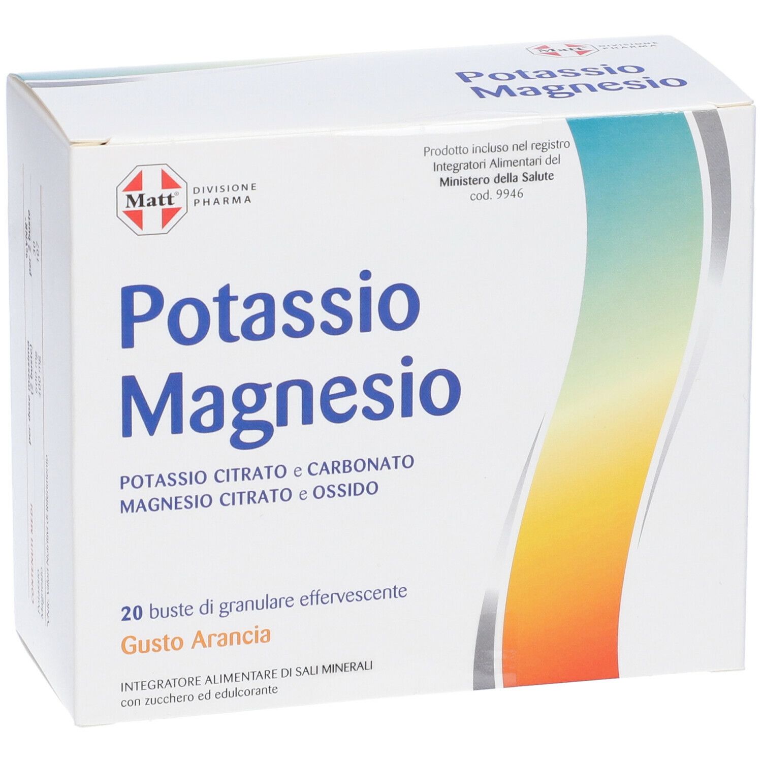 Scatola di MATT Potassio e Magnesio Granulare Effervescente Gusto Arancia. Scatola bianca con nome e ingredienti del prodotto.