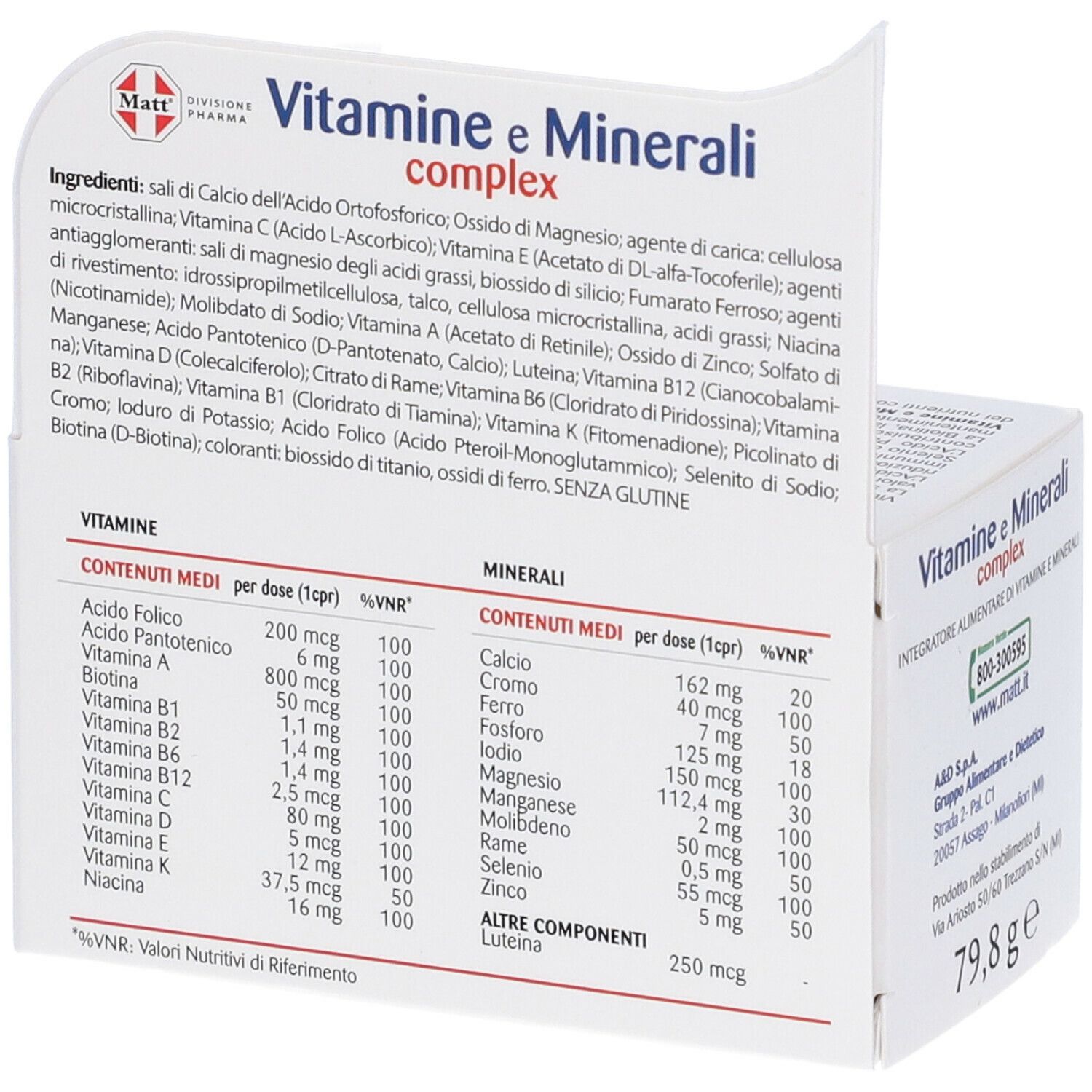 Retro della confezione MATT Vitamine e Minerali Complex. Contiene ingredienti e informazioni nutrizionali.