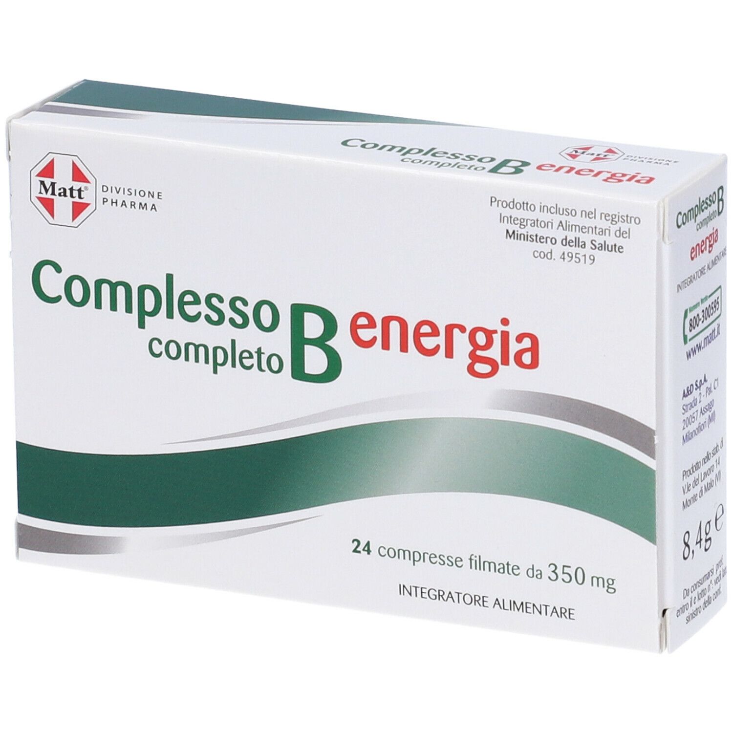 Scatola 'Complesso B energia'. Confezione verde e bianca con nome e logo. Contiene 24 compresse.