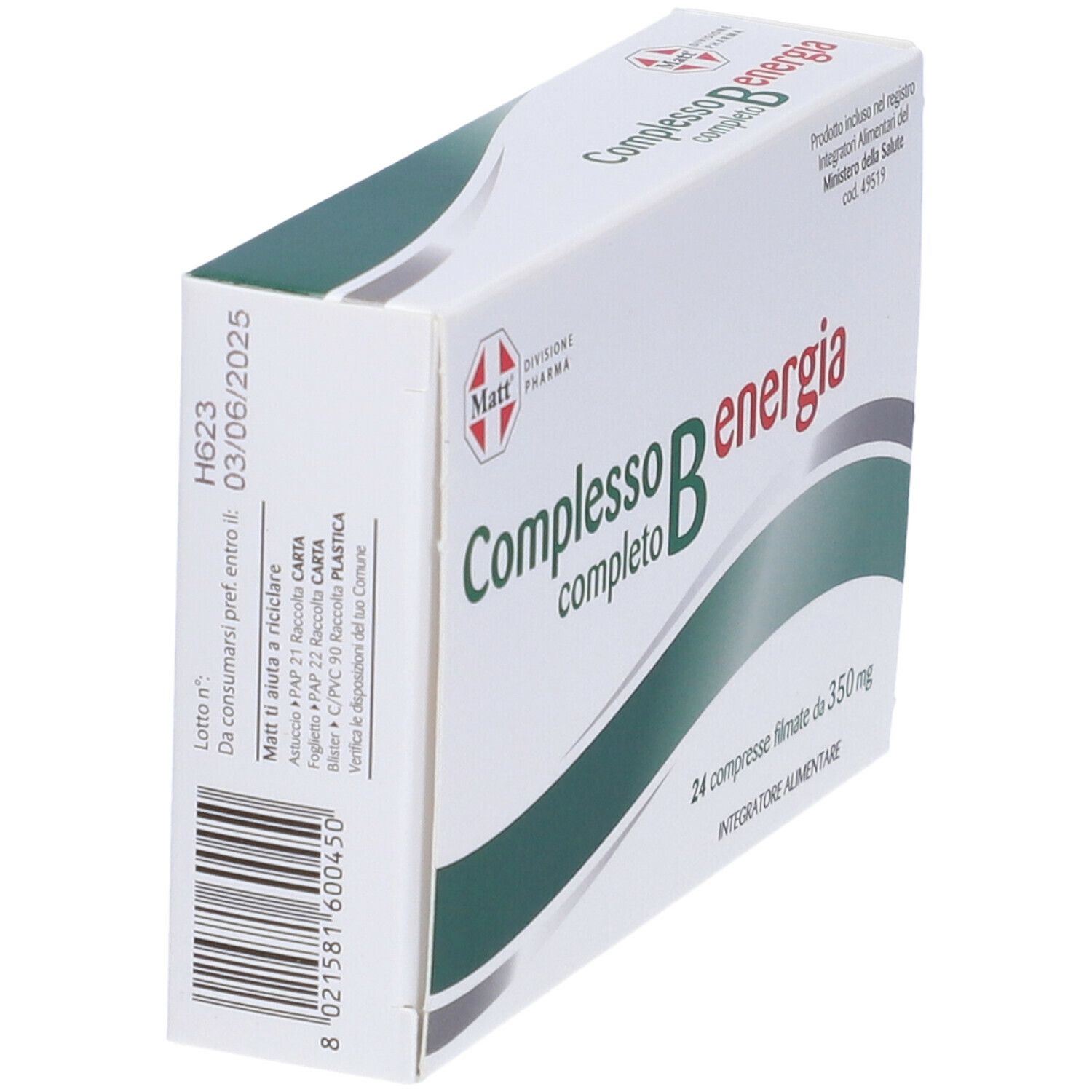 Scatola 'Complesso B energia' in prospettiva. Confezione con logo e nome. Contiene 24 compresse.