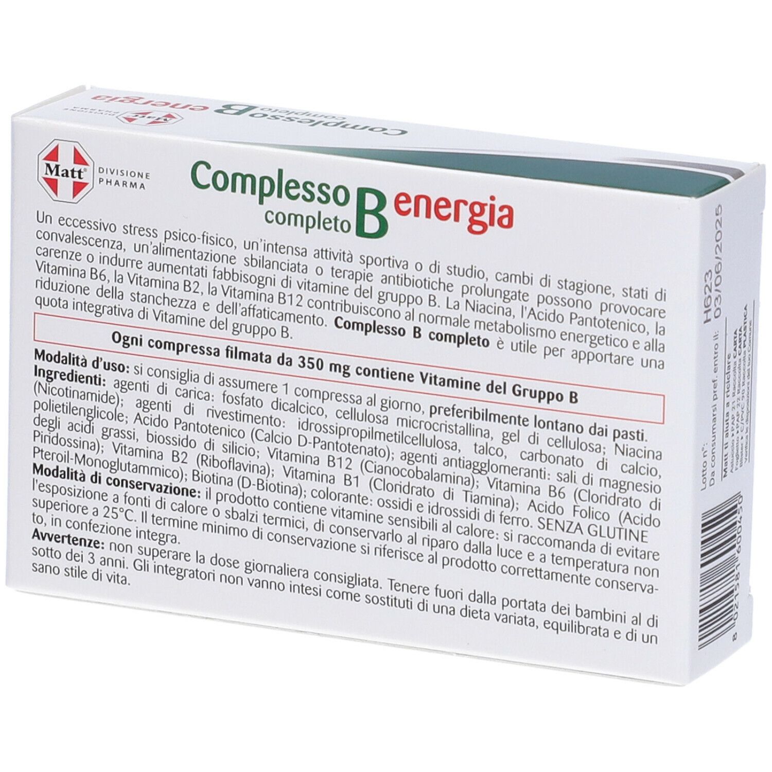 Retro della scatola 'Complesso B energia'. Testo con ingredienti e istruzioni. 24 compresse.