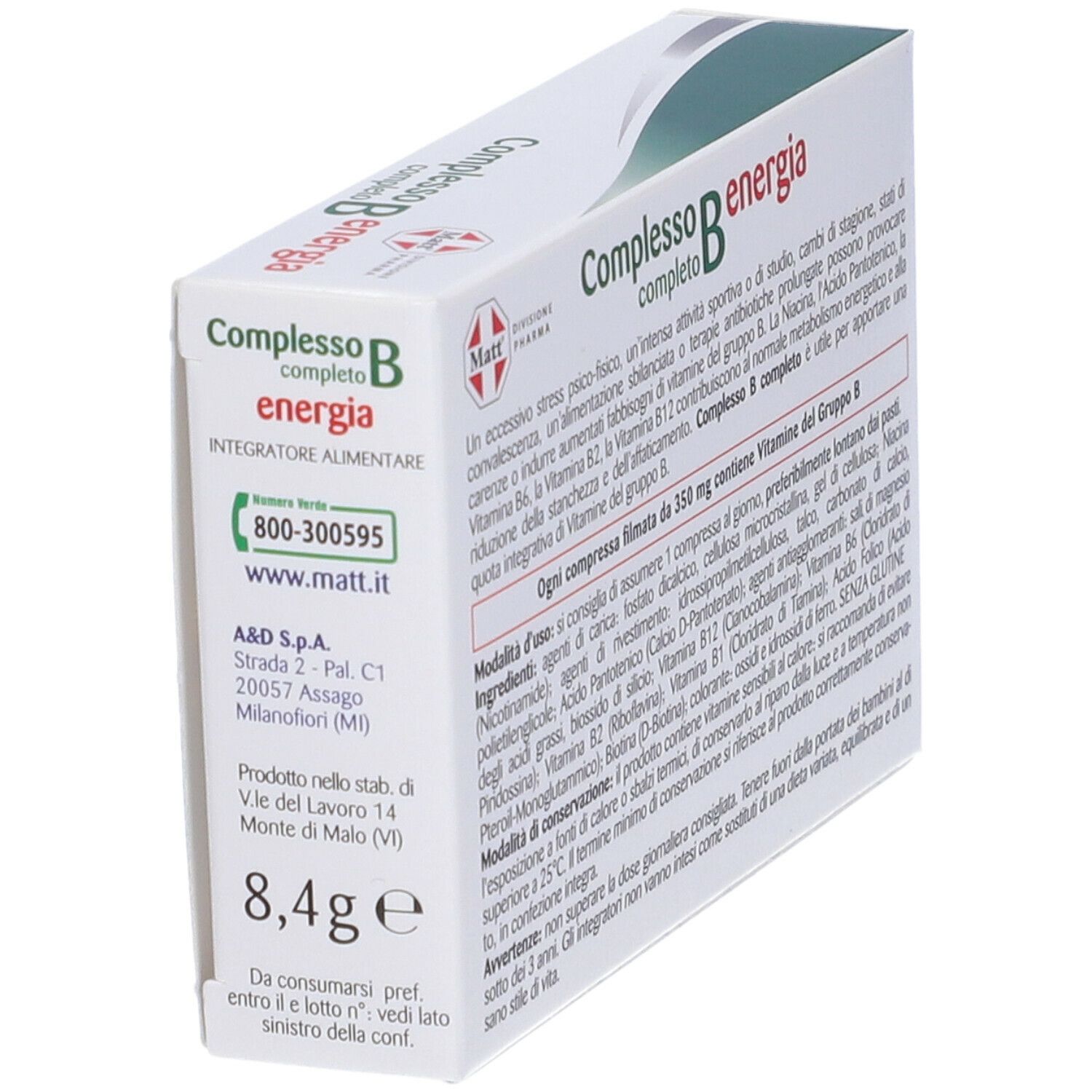 Scatola 'Complesso B energia' in prospettiva. Confezione con logo e nome. 8,4g.