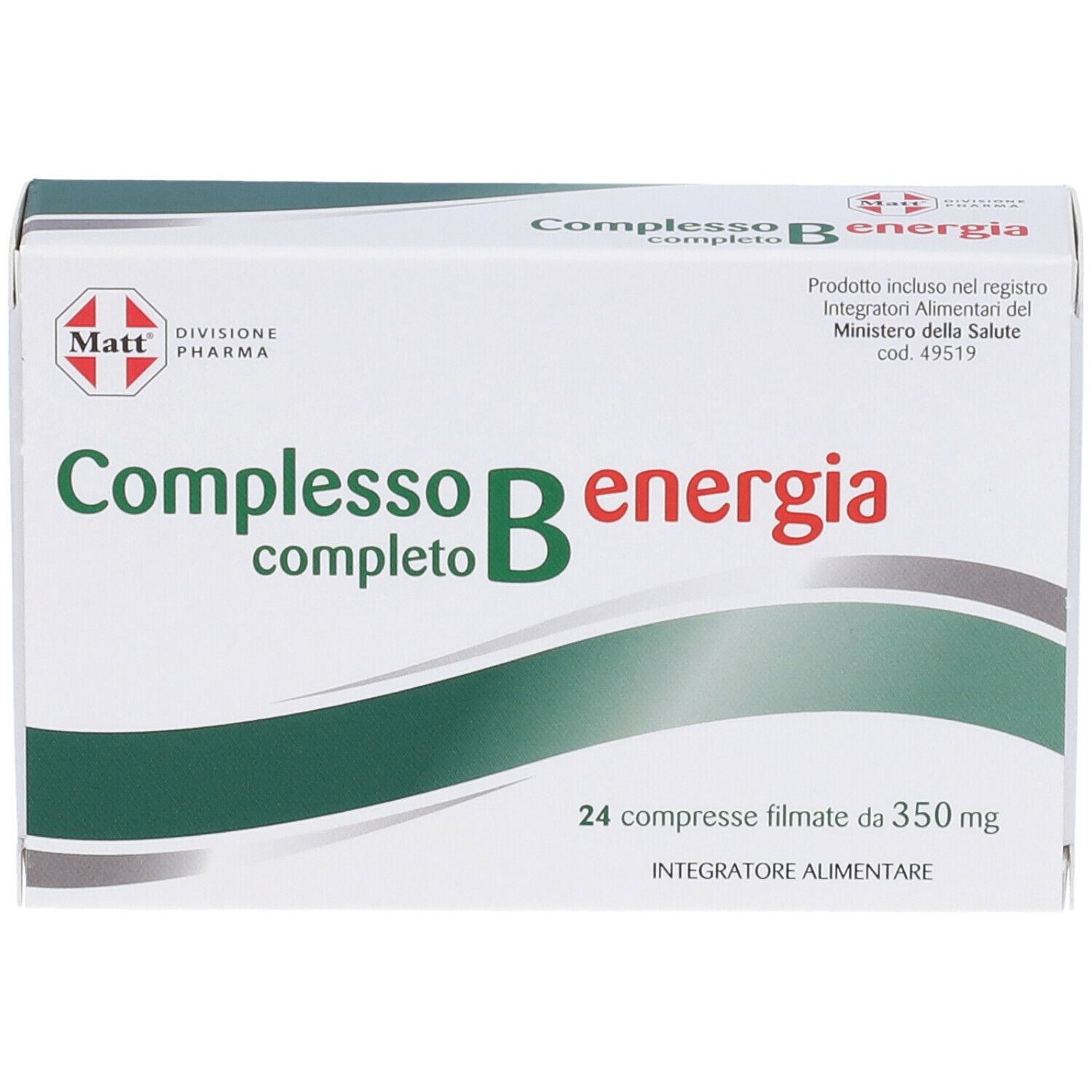 Scatola 'Complesso B energia'. Confezione verde e bianca con nome e logo. 24 compresse.