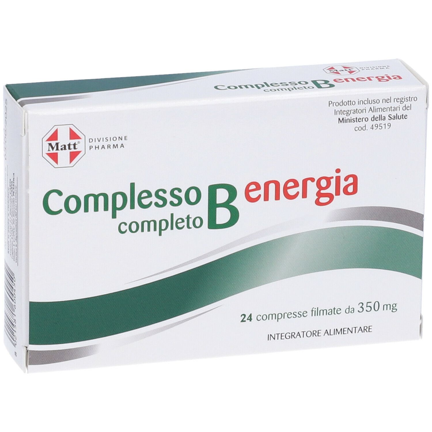 Scatola 'Complesso B energia'. Confezione verde e bianca con nome e logo. 24 compresse.