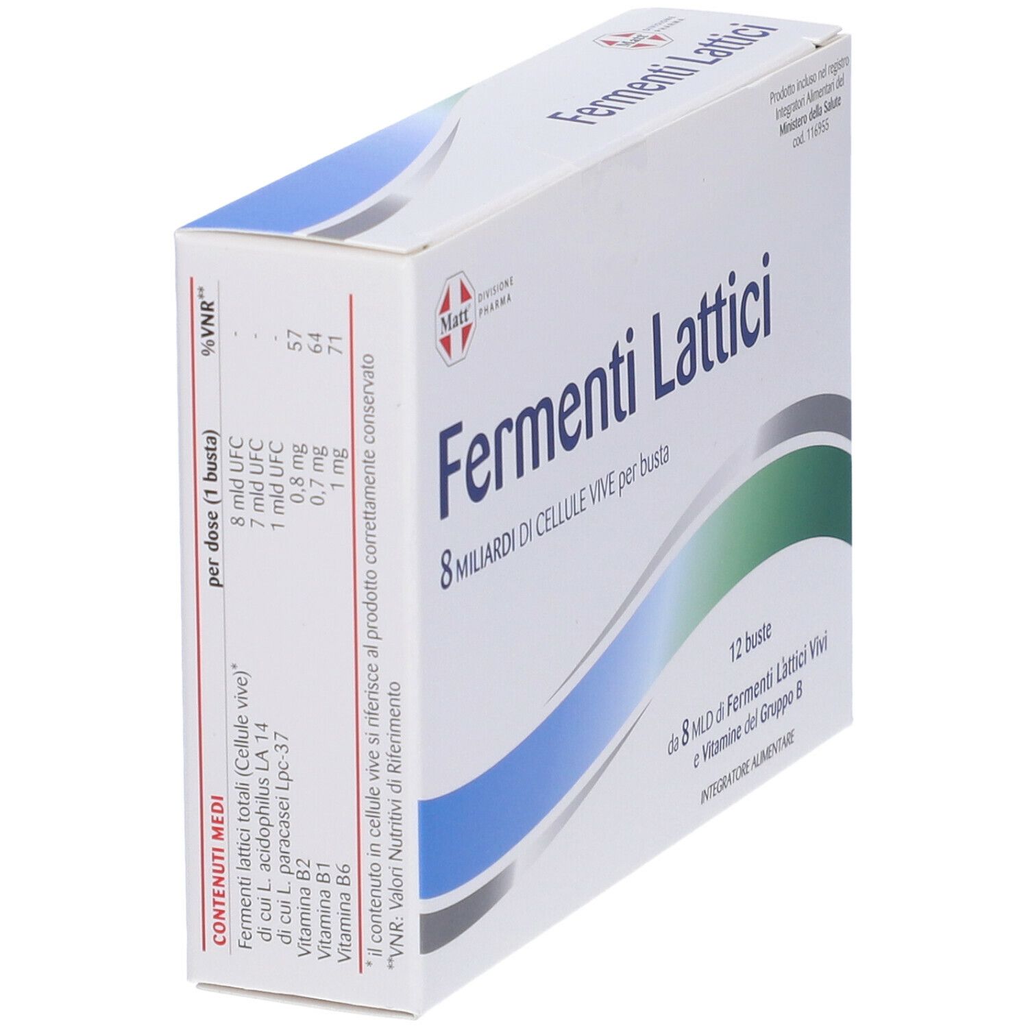 Scatola "Fermenti Lattici". Testo con informazioni nutrizionali. Marchio: Matt. 12 bustine.