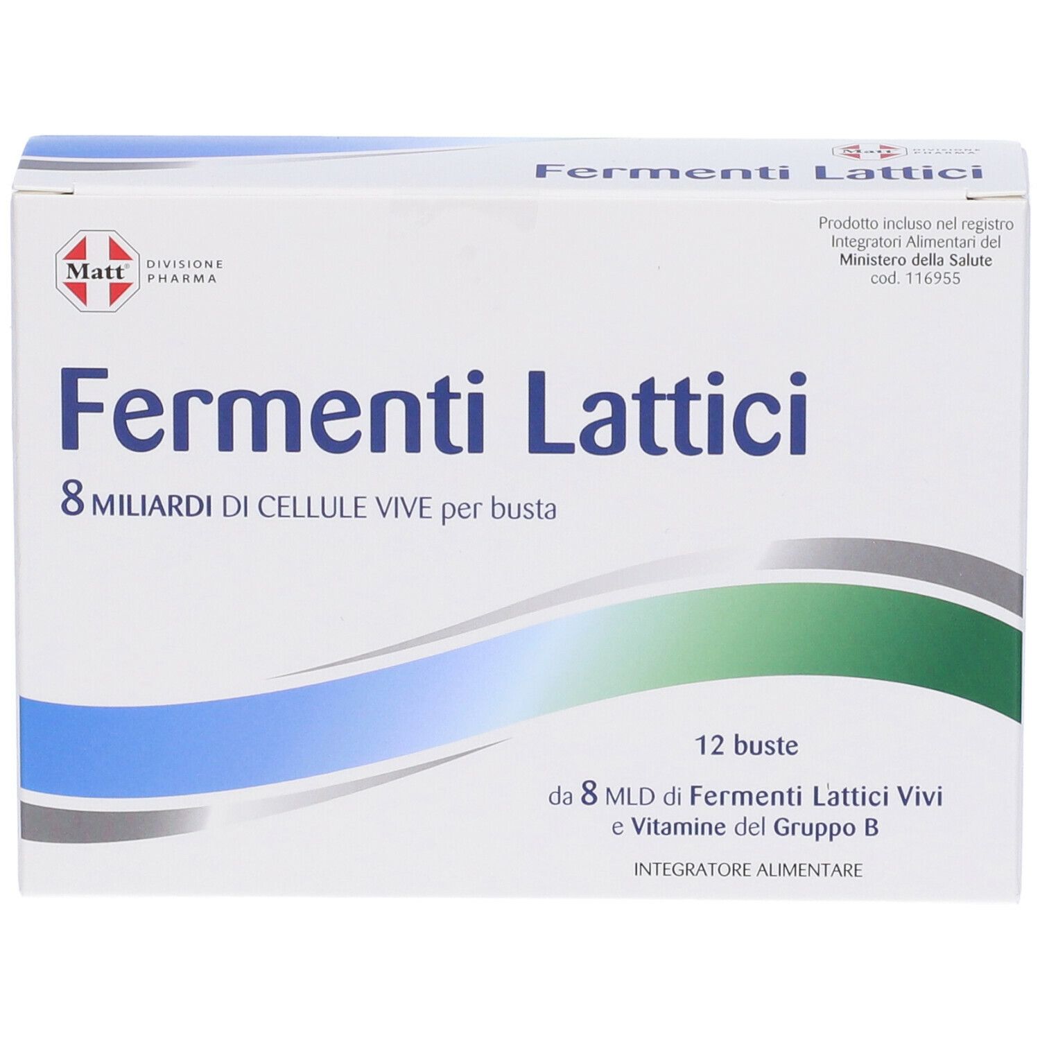 Scatola "Fermenti Lattici". Onde blu e verdi. 12 bustine. Marchio: Matt.