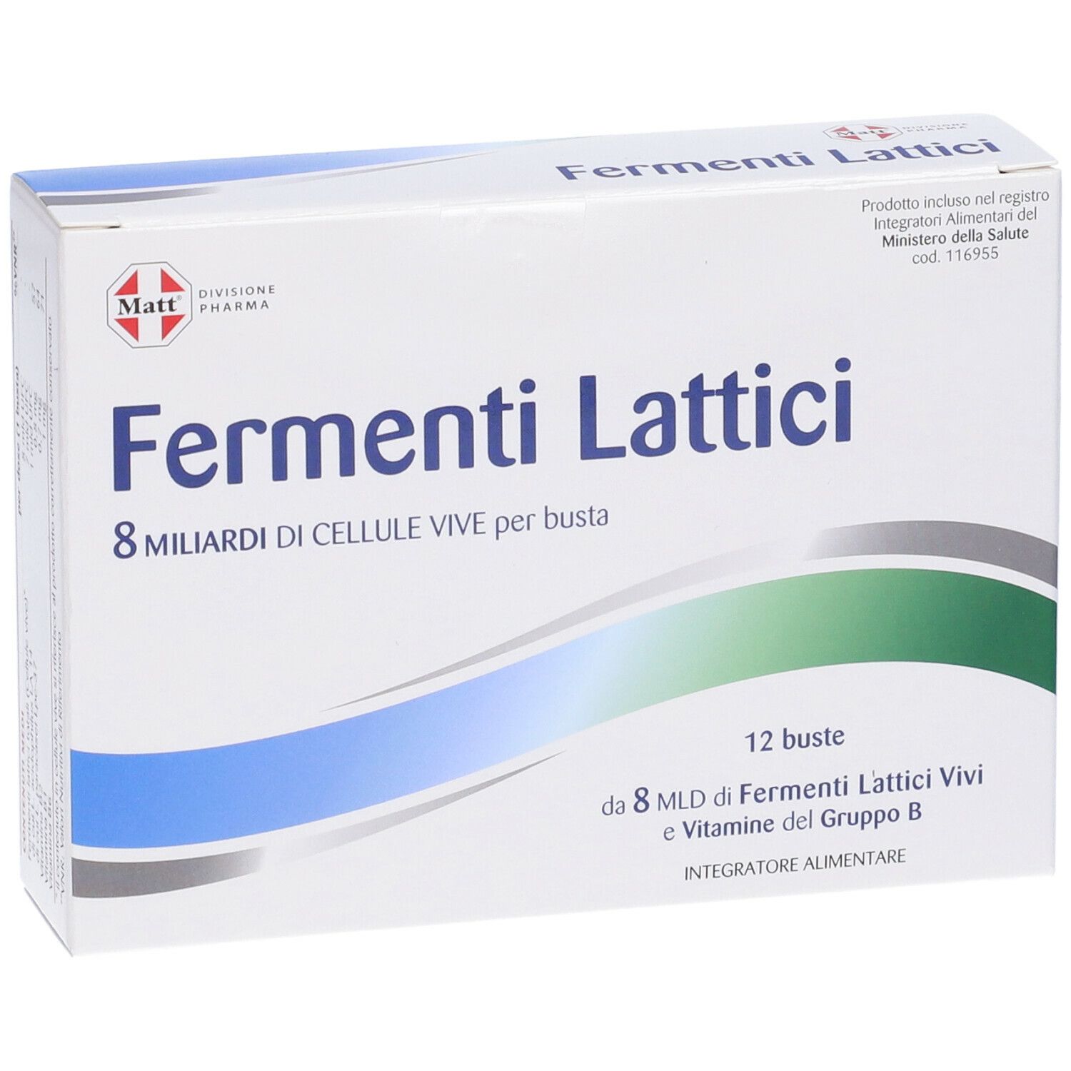 Scatola "Fermenti Lattici". Onde blu e verdi. 12 bustine. Marchio: Matt.
