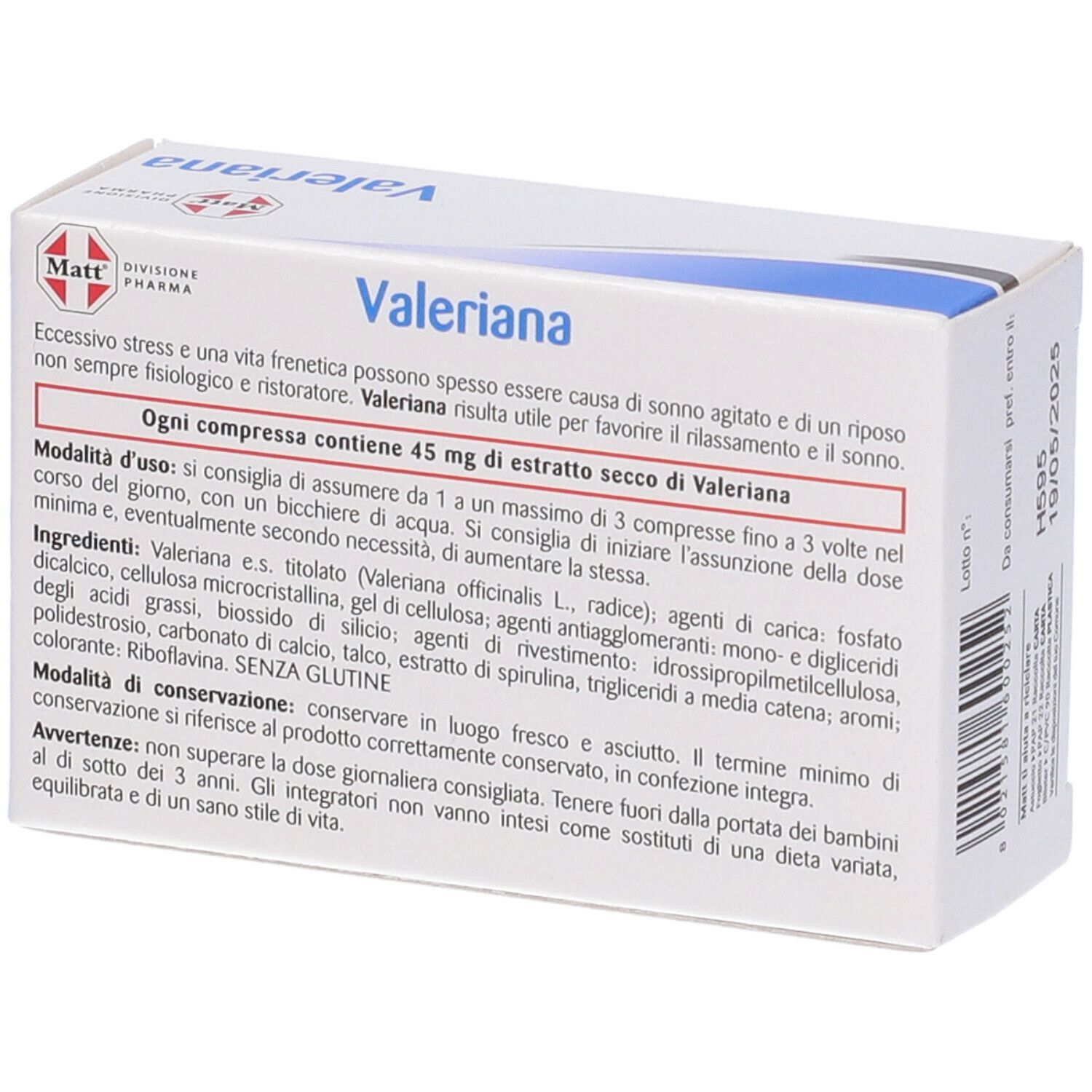 Scatola bianca con onda blu. Scritta: Valeriana. Testo con ingredienti e uso. Marchio: MATT.