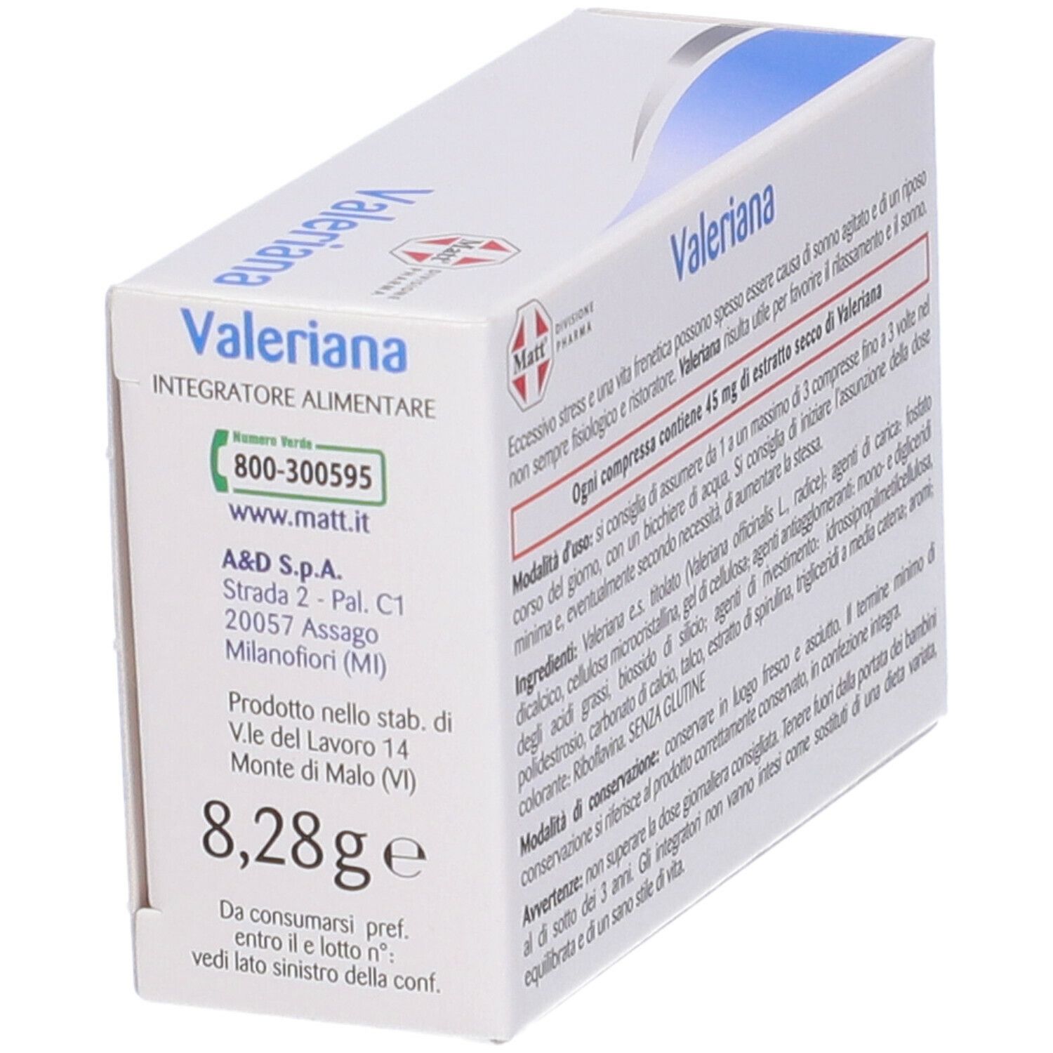 Scatola bianca con onda blu. Scritta: Valeriana. Testo con ingredienti e uso. Marchio: MATT.