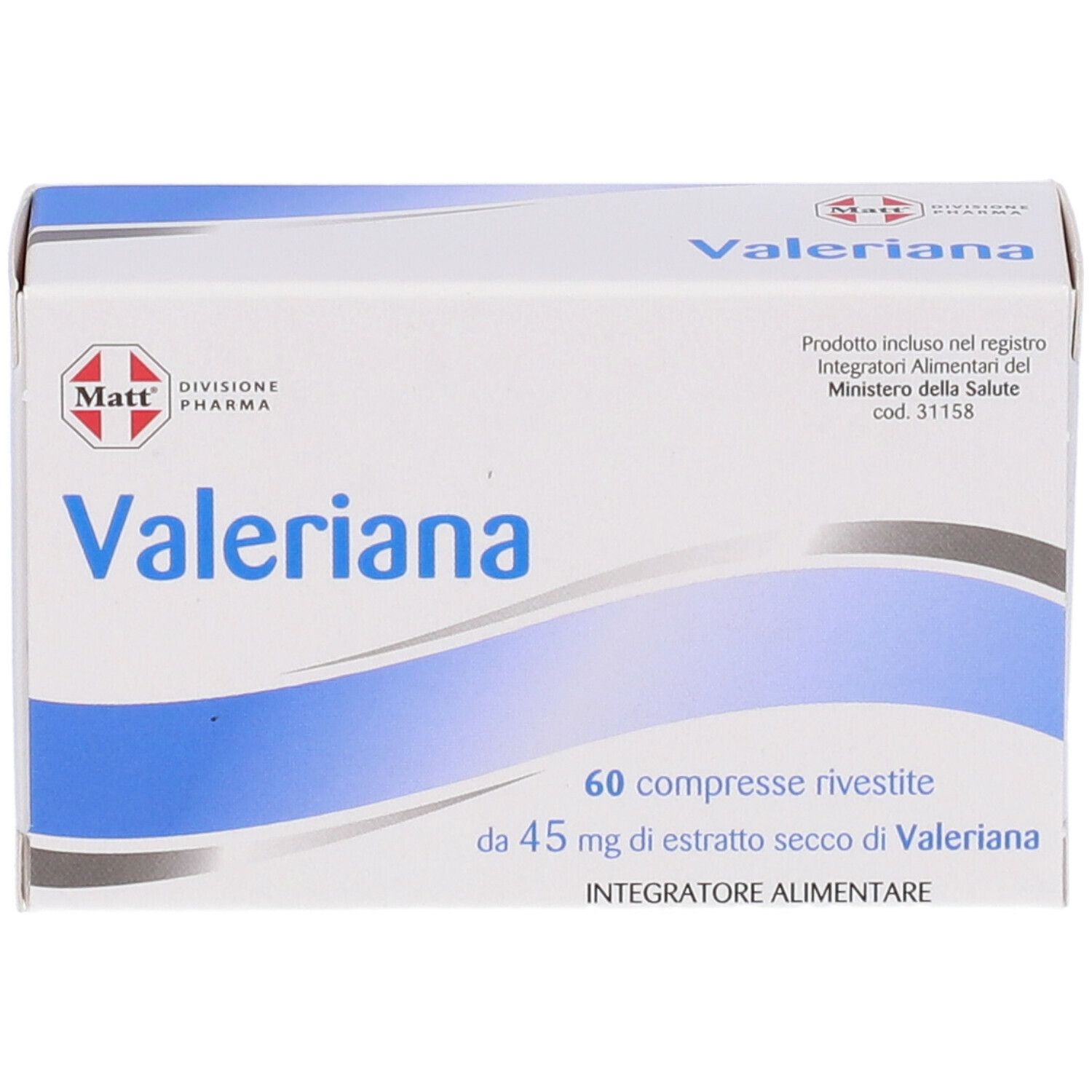 Scatola bianca con onda blu. Scritta: Valeriana, 60 compresse, 45 mg estratto di valeriana. Marchio: MATT.