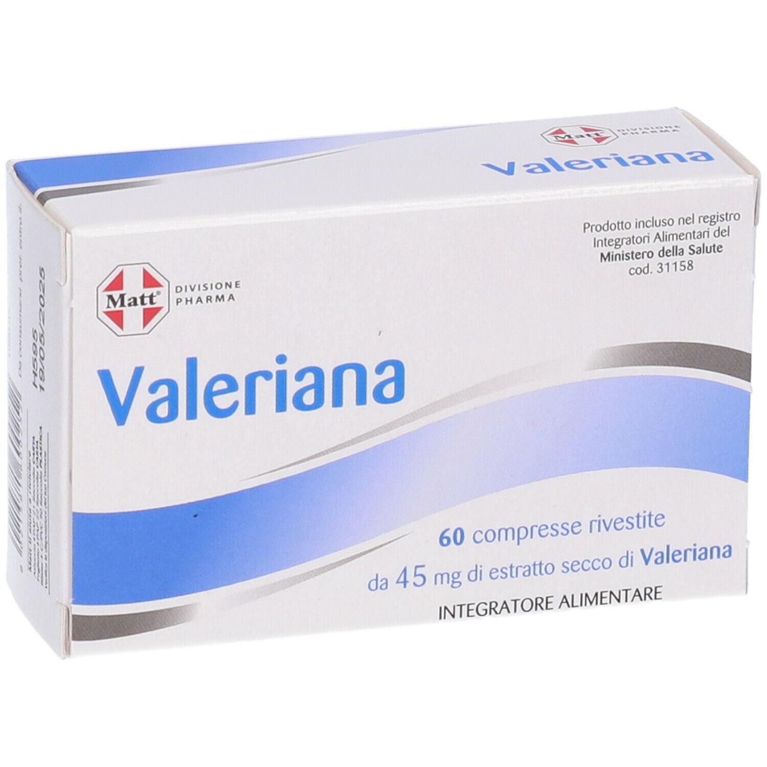 Scatola bianca con onda blu. Scritta: Valeriana, 60 compresse, 45 mg estratto di valeriana. Marchio: MATT.