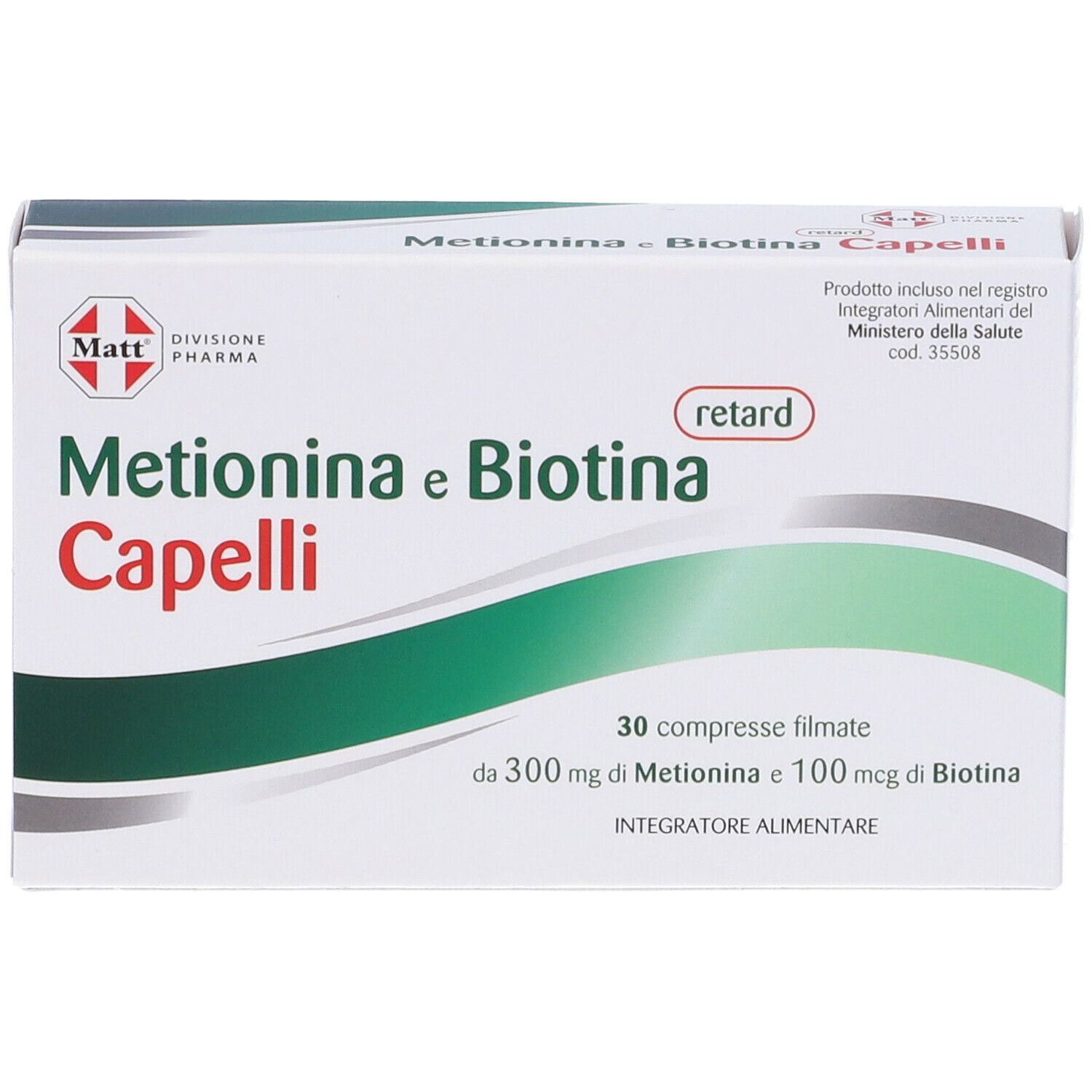Scatola di MATT Divisione Pharma Metionina e Biotina Retard Capelli. Scatola bianca con dettagli verdi. Vista frontale.
