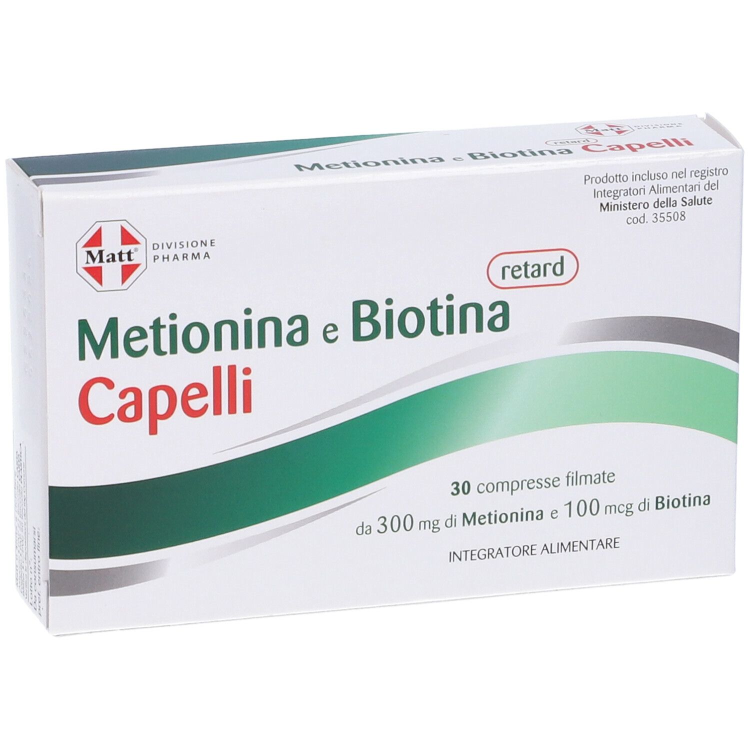 Scatola di MATT Divisione Pharma Metionina e Biotina Retard Capelli. Scatola bianca con dettagli verdi. Vista frontale.