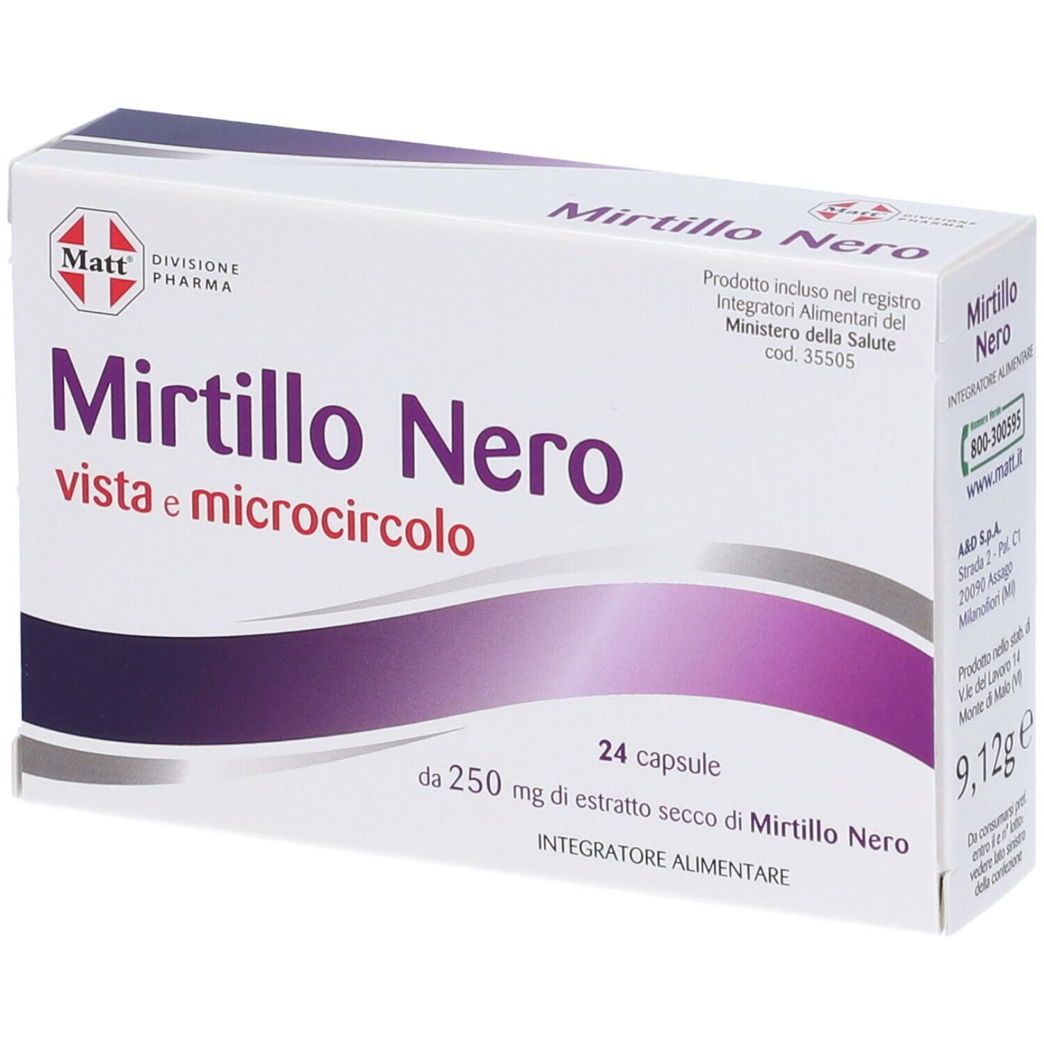 Scatola di MATT Mirtillo Nero. Scritto: Mirtillo Nero vista e microcircolo, 24 capsule. Confezione viola e bianca.