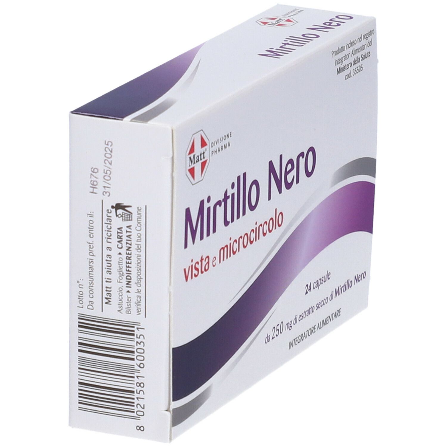 Scatola MATT Mirtillo Nero, angolata. Scritto: Mirtillo Nero vista e microcircolo, 24 capsule. Confezione bianca con accenti viola.