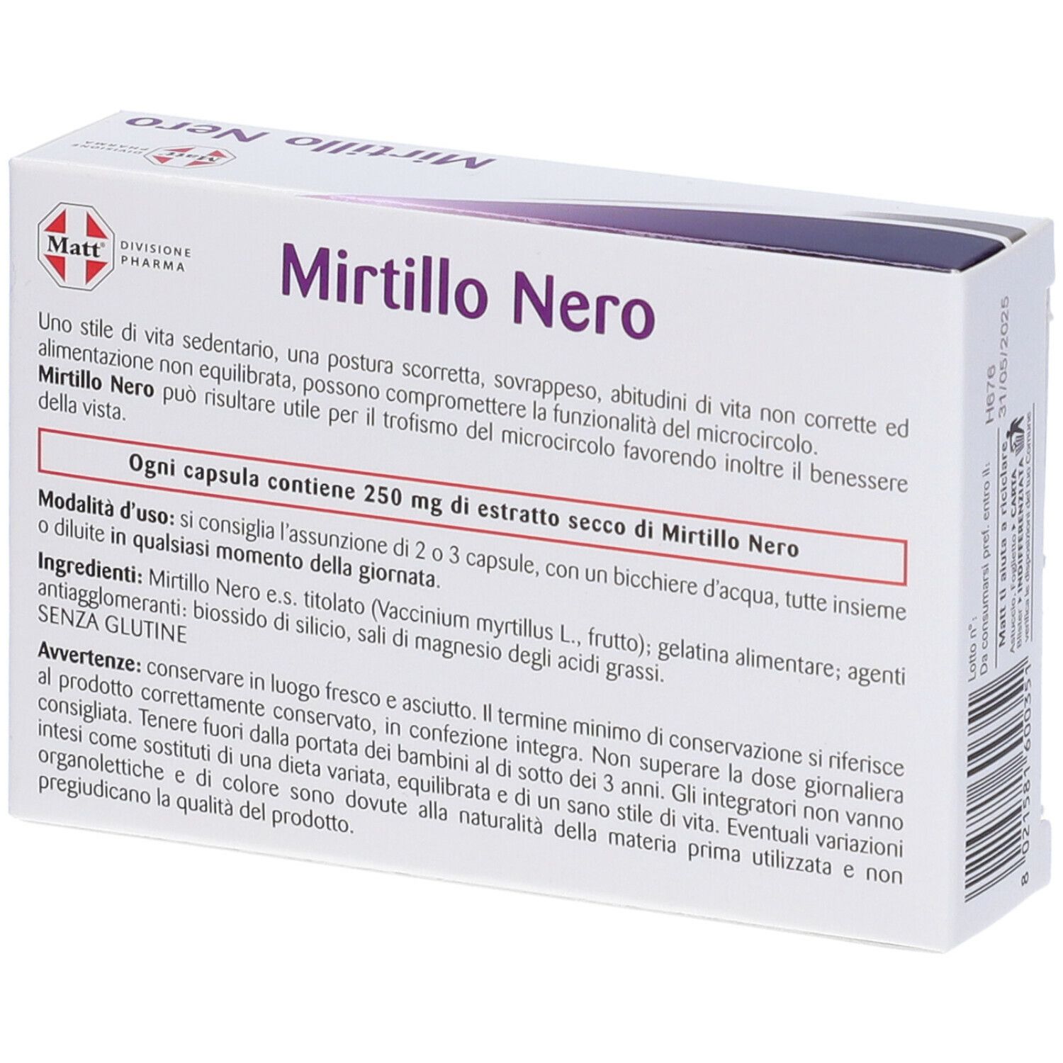 Retro della scatola MATT Mirtillo Nero. Testo: ingredienti, istruzioni per l'uso, avvertenze. Confezione bianca con accenti viola.