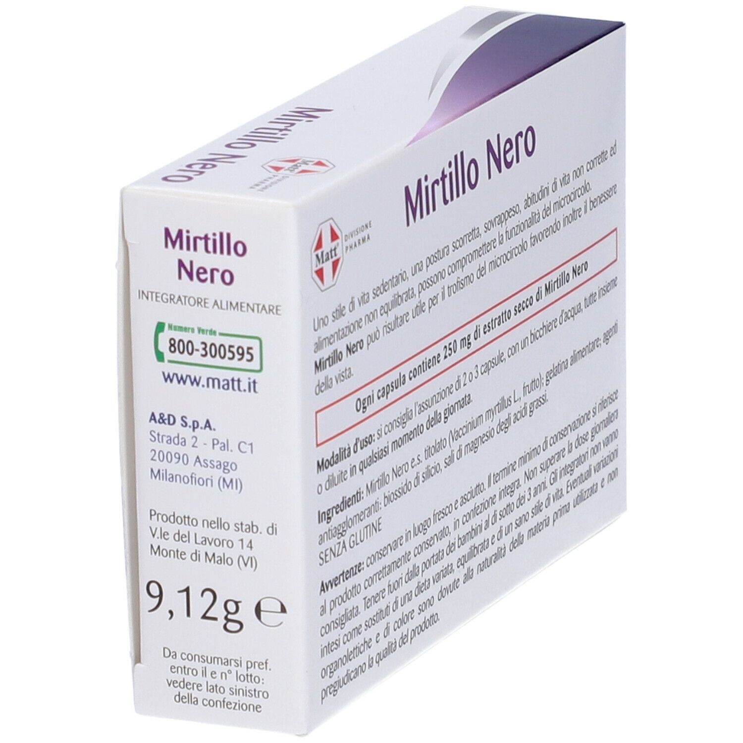 Scatola MATT Mirtillo Nero, angolata. Testo: ingredienti, istruzioni per l'uso, avvertenze. Confezione bianca con accenti viola.