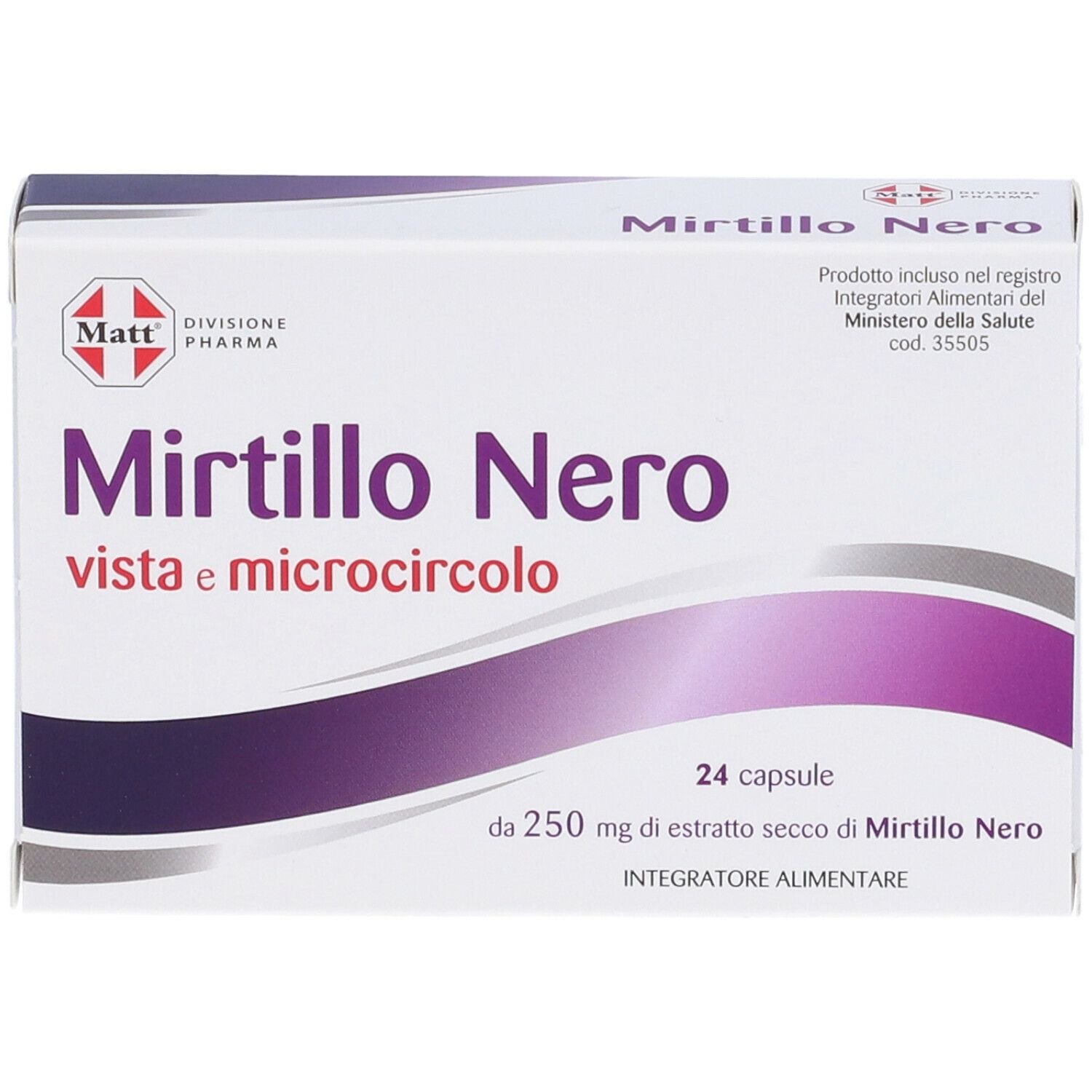Scatola di MATT Mirtillo Nero. Scritto: Mirtillo Nero vista e microcircolo, 24 capsule. Confezione viola e bianca.