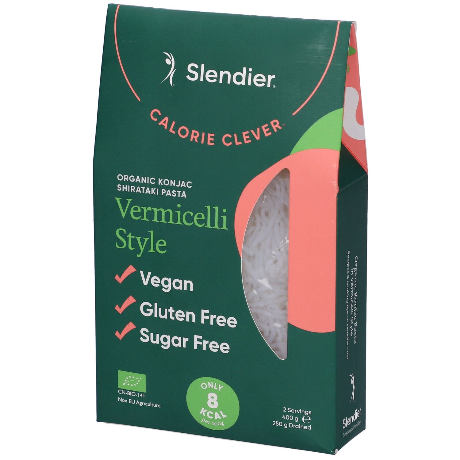 Confezione di pasta Slendier Vermicelli Style. Finestra mostra pasta. Vegano, senza glutine, senza zucchero. 8 kcal per porzione.