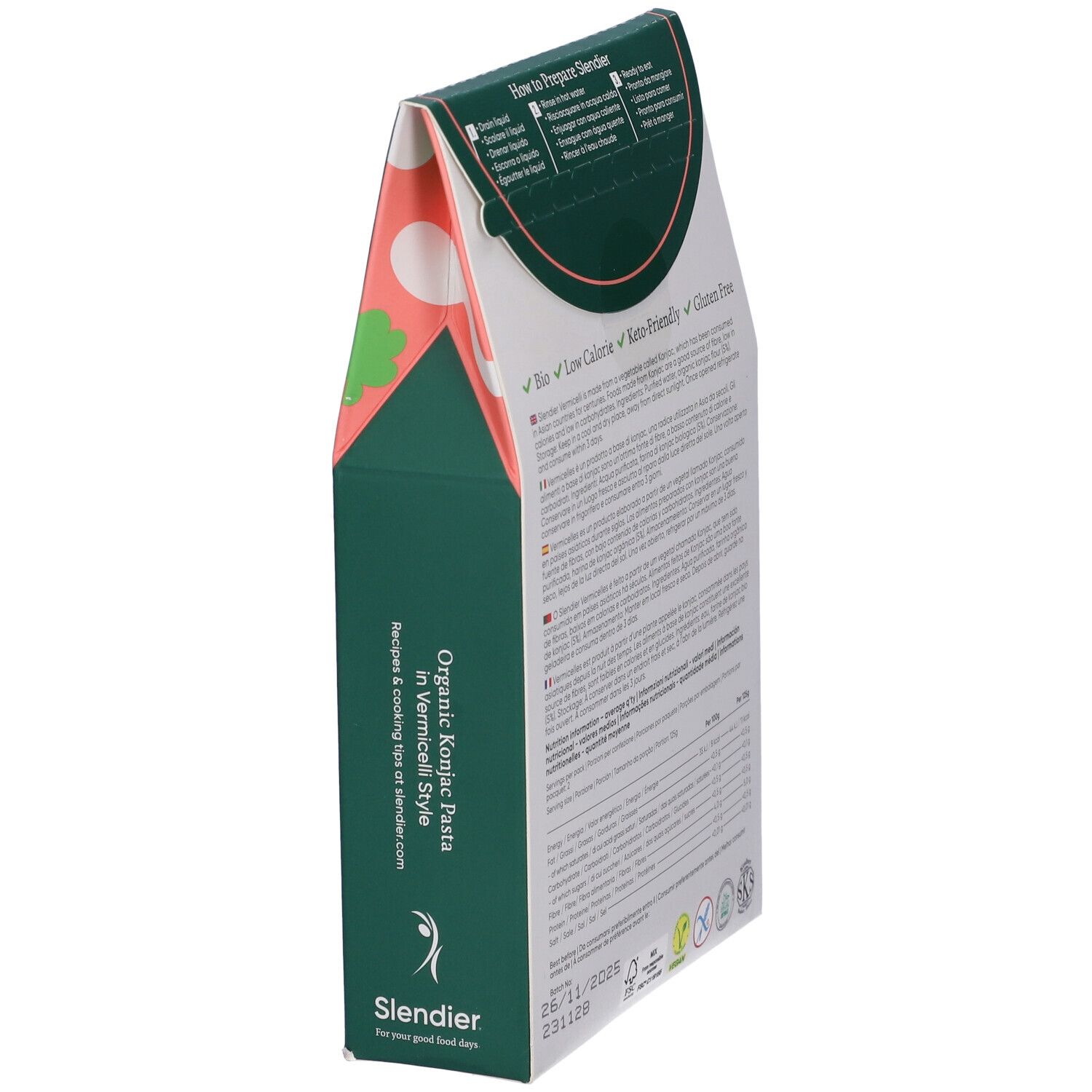 Vista obliqua del retro della confezione di pasta Slendier Vermicelli Style. Informazioni su ingredienti e preparazione.