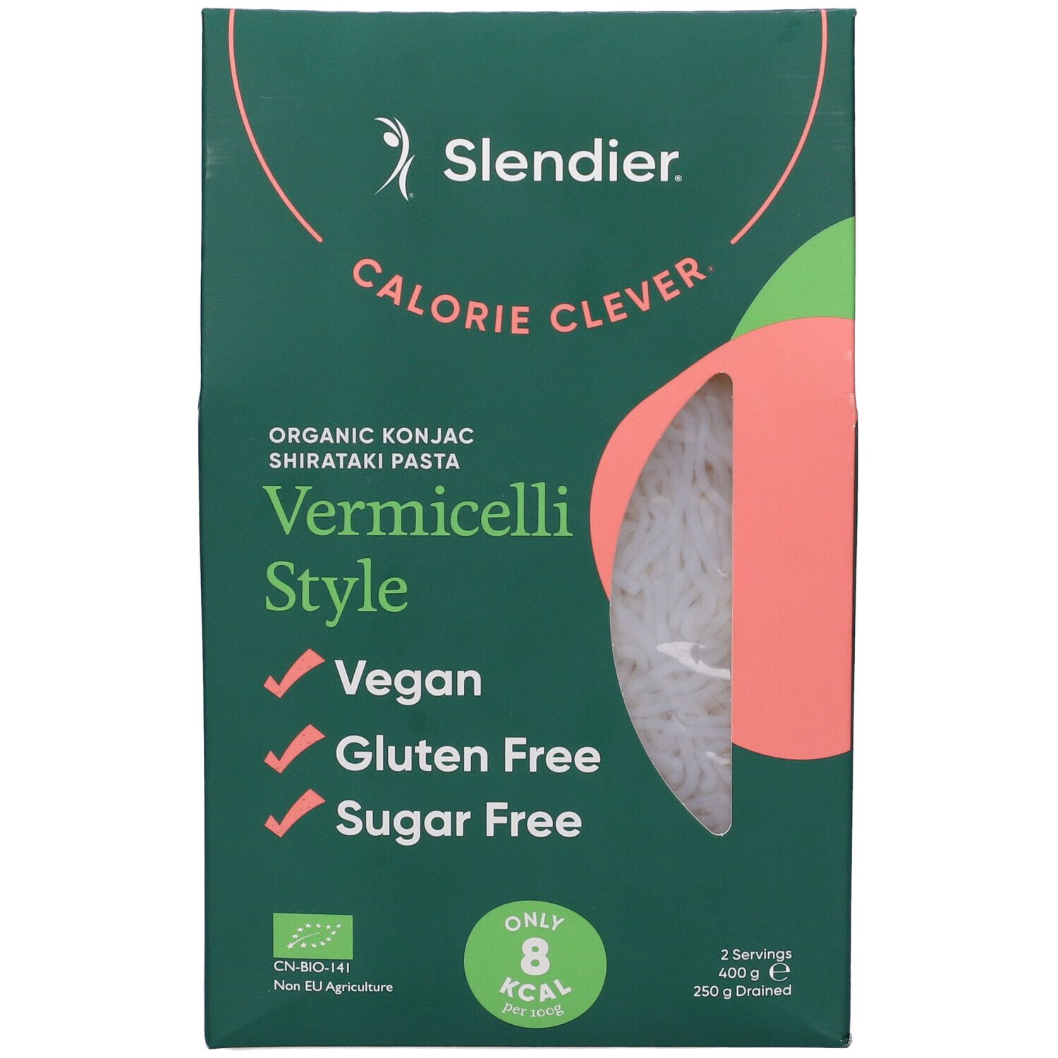 Vista frontale della confezione di pasta Slendier Vermicelli Style. Vegano, senza glutine, senza zucchero. 8 kcal per porzione. Finestra.