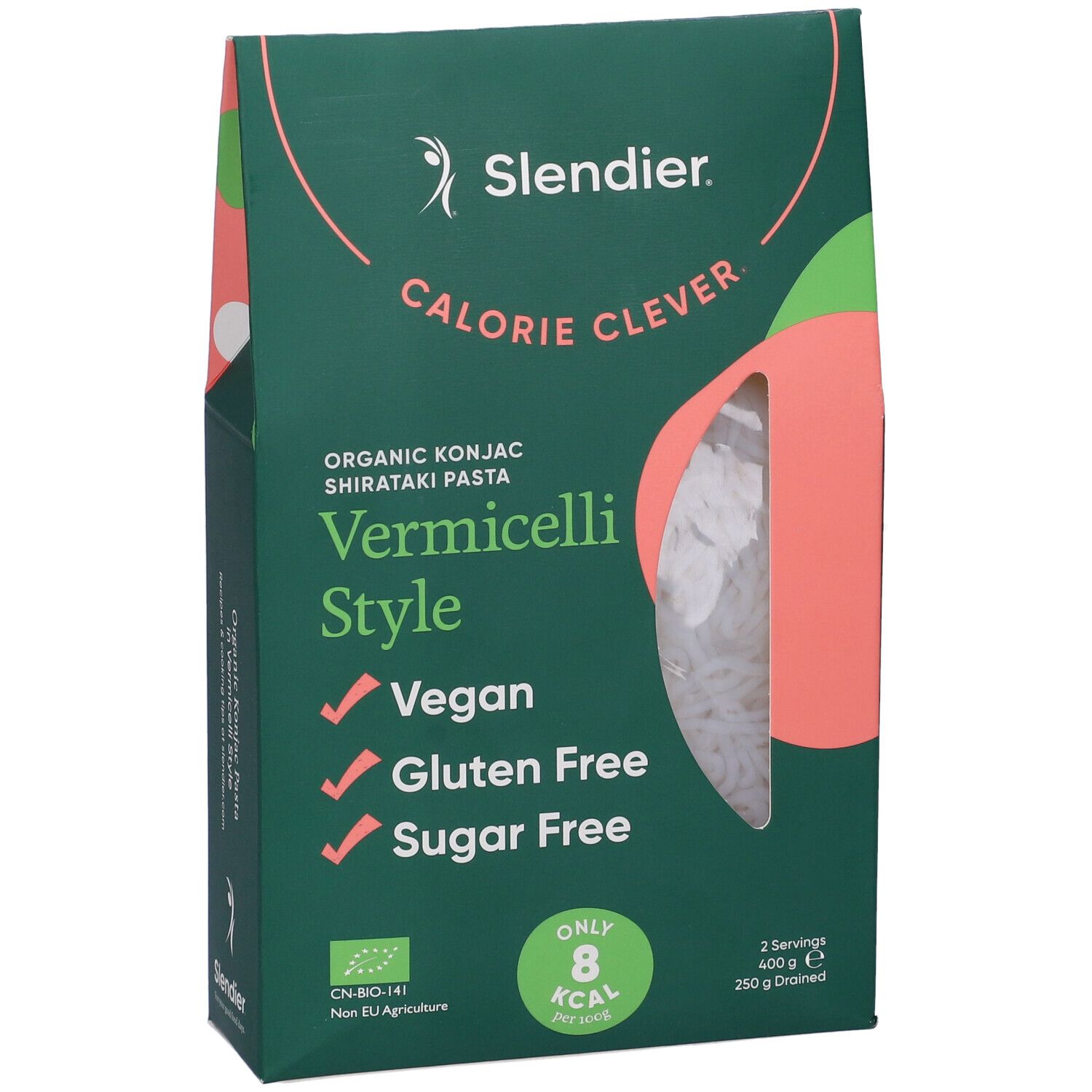 Vista obliqua della confezione di pasta Slendier Vermicelli Style. Vegano, senza glutine, senza zucchero. 8 kcal per porzione. Finestra.