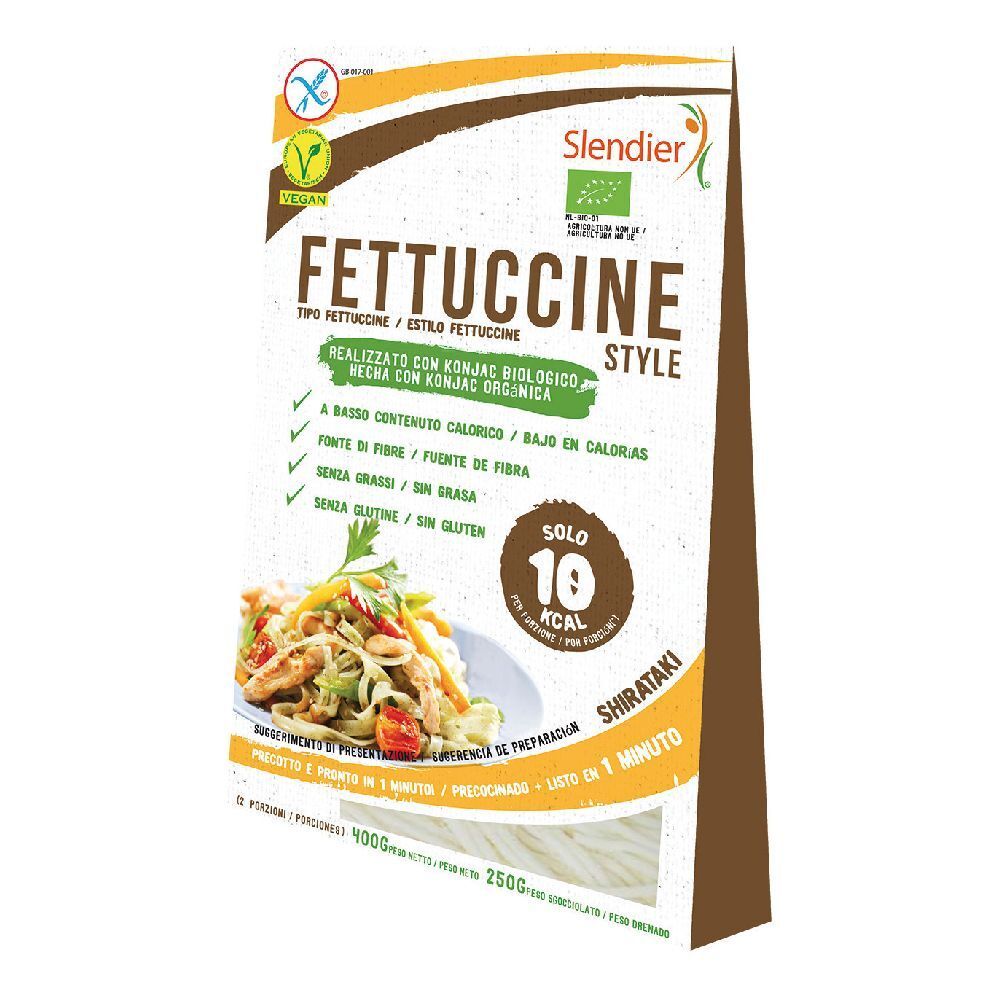 Confezione di fettuccine. Scritte: Fettuccine Style, vegano, senza glutine, a basso contenuto calorico, fonte di fibre. Contiene 10 kcal.