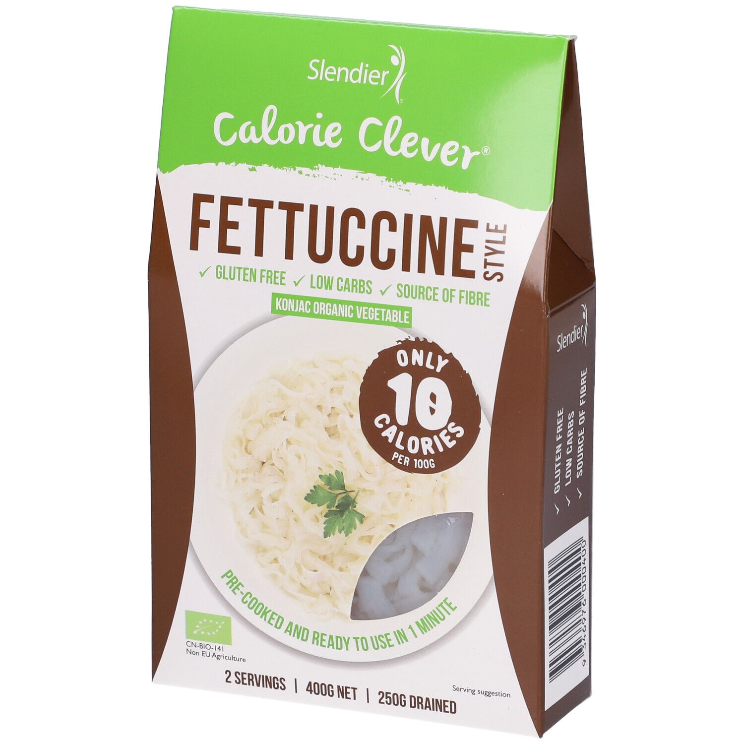 Confezione di fettuccine. Scritte: Calorie Clever, senza glutine, a basso contenuto di carboidrati, fonte di fibre. Contiene 10 calorie per 100g.