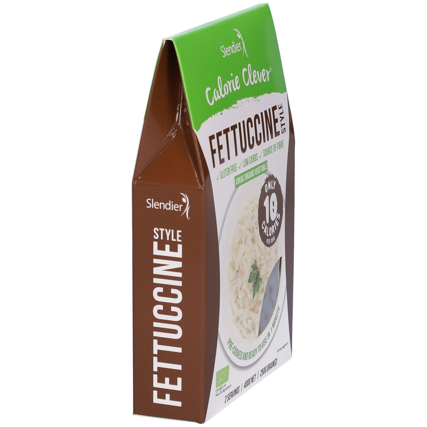 Confezione di fettuccine. Scritte: Calorie Clever, senza glutine, a basso contenuto di carboidrati, fonte di fibre. Contiene 10 calorie per 100g.