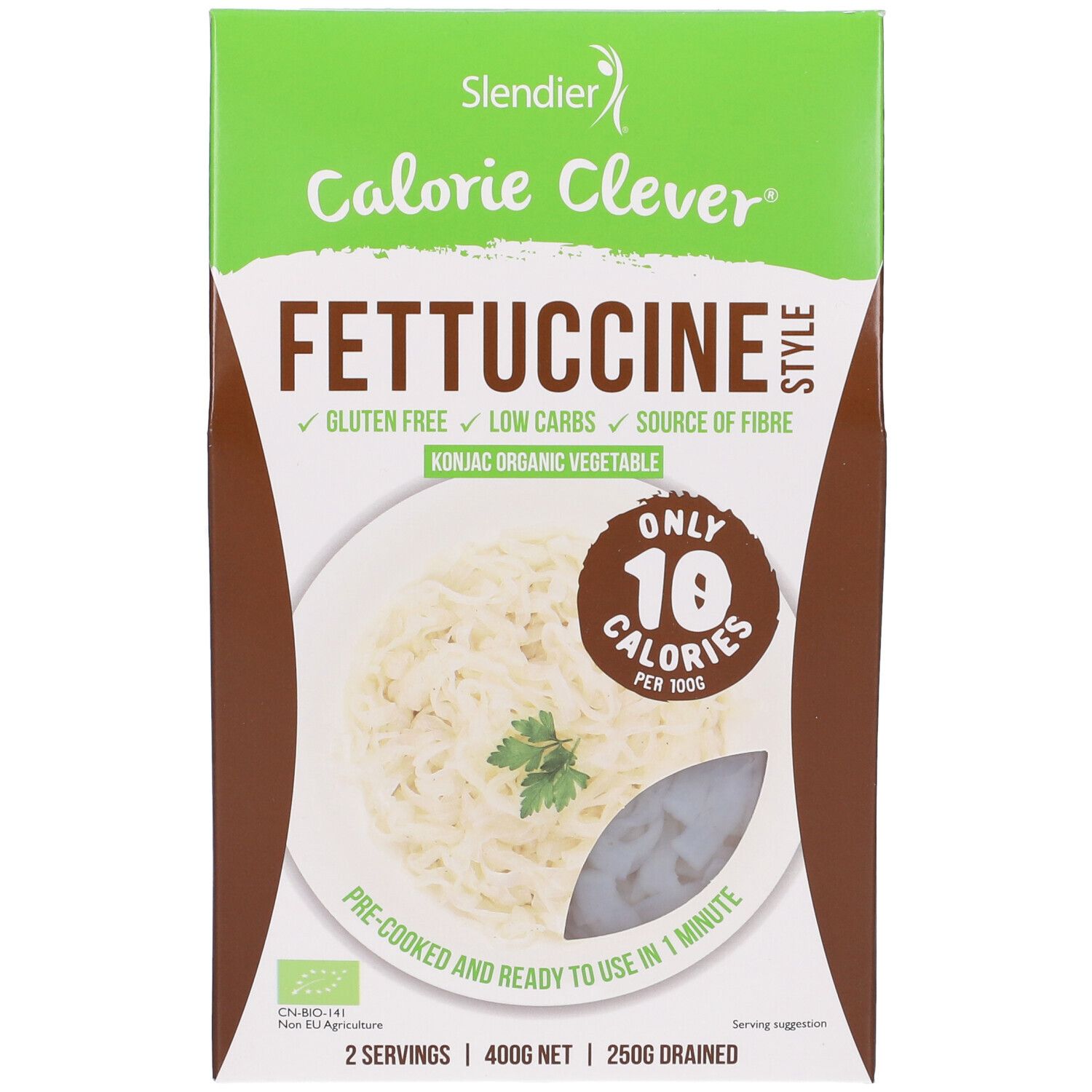 Confezione di fettuccine. Scritte: Calorie Clever, senza glutine, a basso contenuto di carboidrati, fonte di fibre. Contiene 10 calorie per 100g.