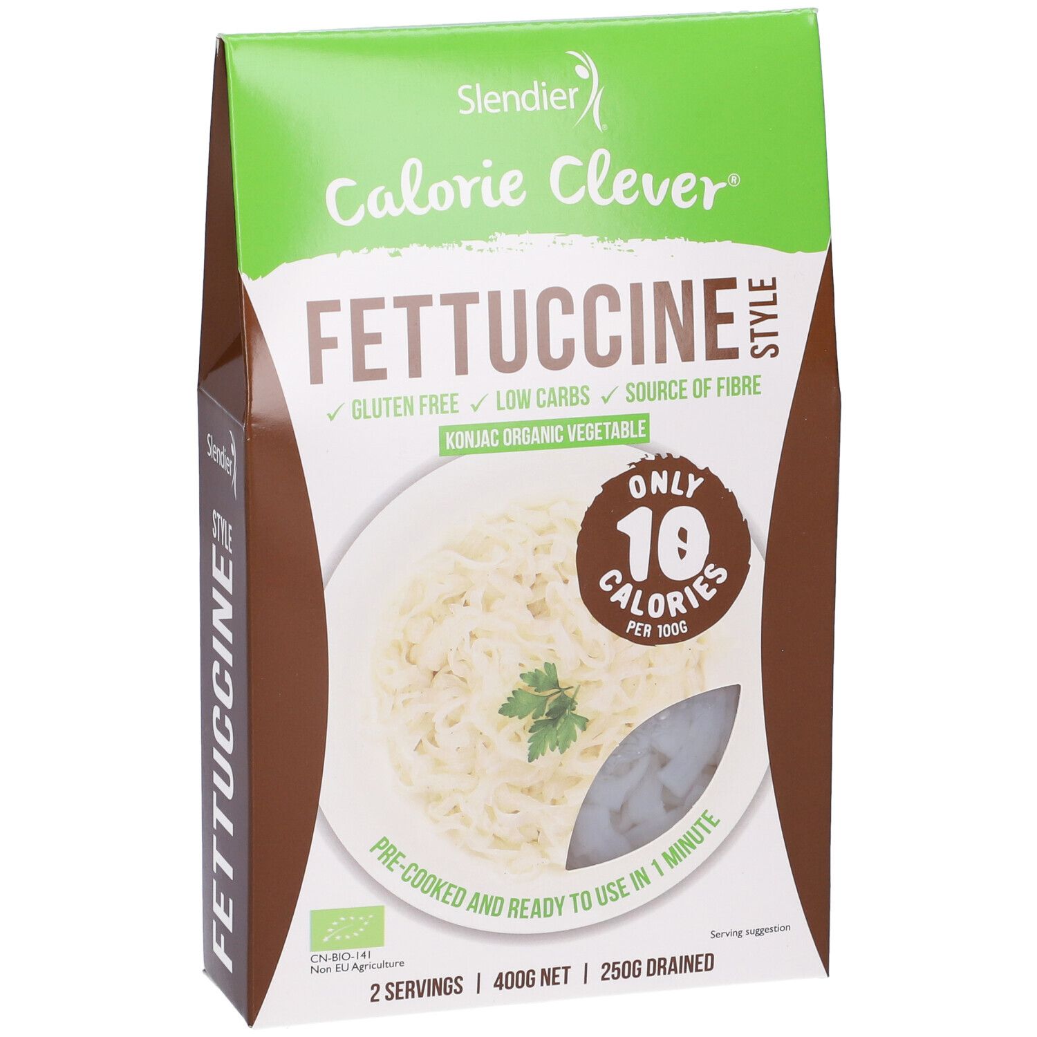 Confezione di fettuccine. Scritte: Calorie Clever, senza glutine, a basso contenuto di carboidrati, fonte di fibre. Contiene 10 calorie per 100g.